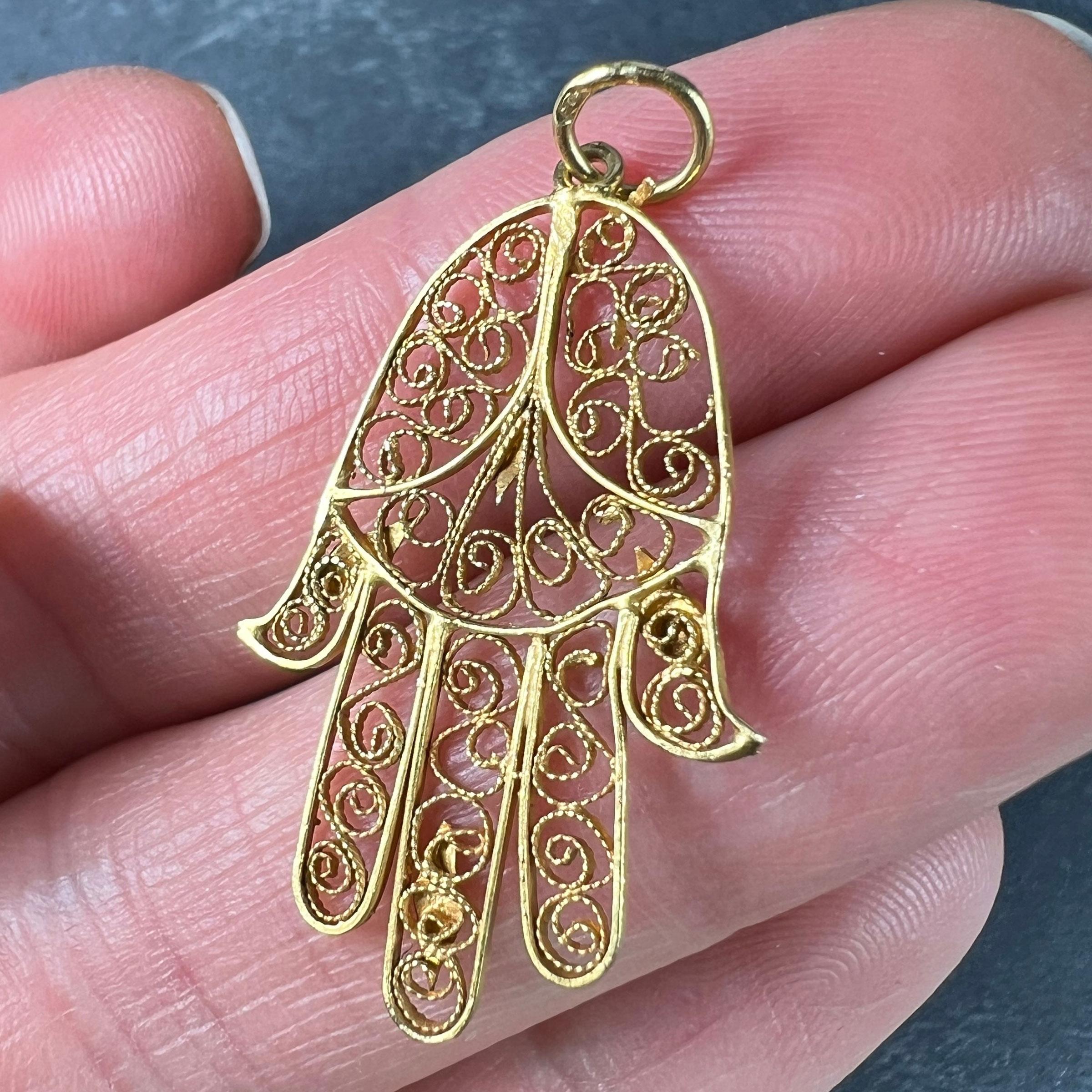 French Hamsa Hand Protective 18K Yellow Gold Charm Pendant For Sale 4