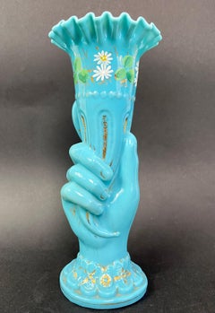 French Hand Blown Blue Opaline Glass Vase Cornucopia France Art Deco 1920 - XXth