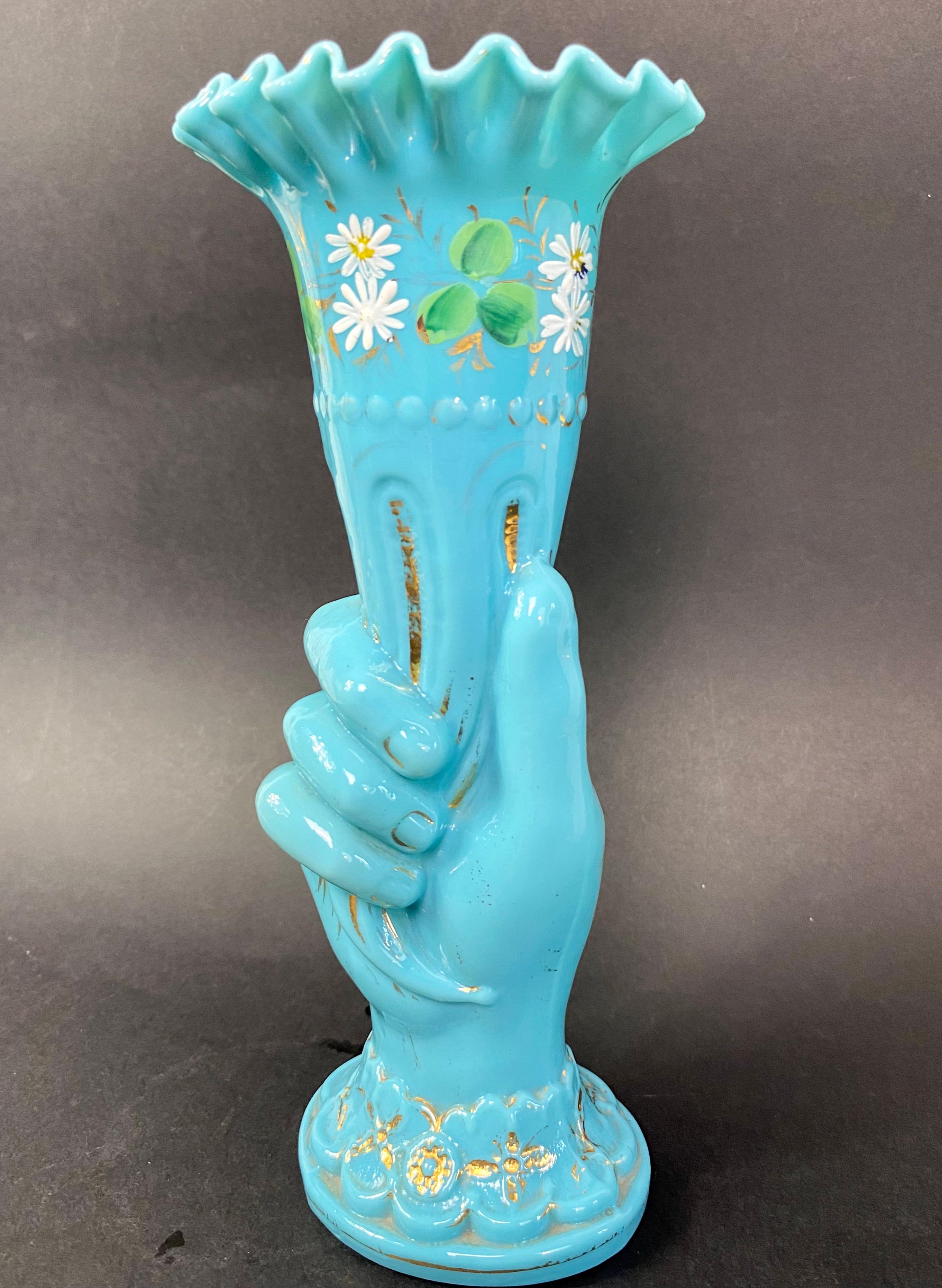 French Hand Blown Blue Opaline Glass Vase Cornucopia France Art Deco 1920 - XXth In Good Condition For Sale In Beuzevillette, FR
