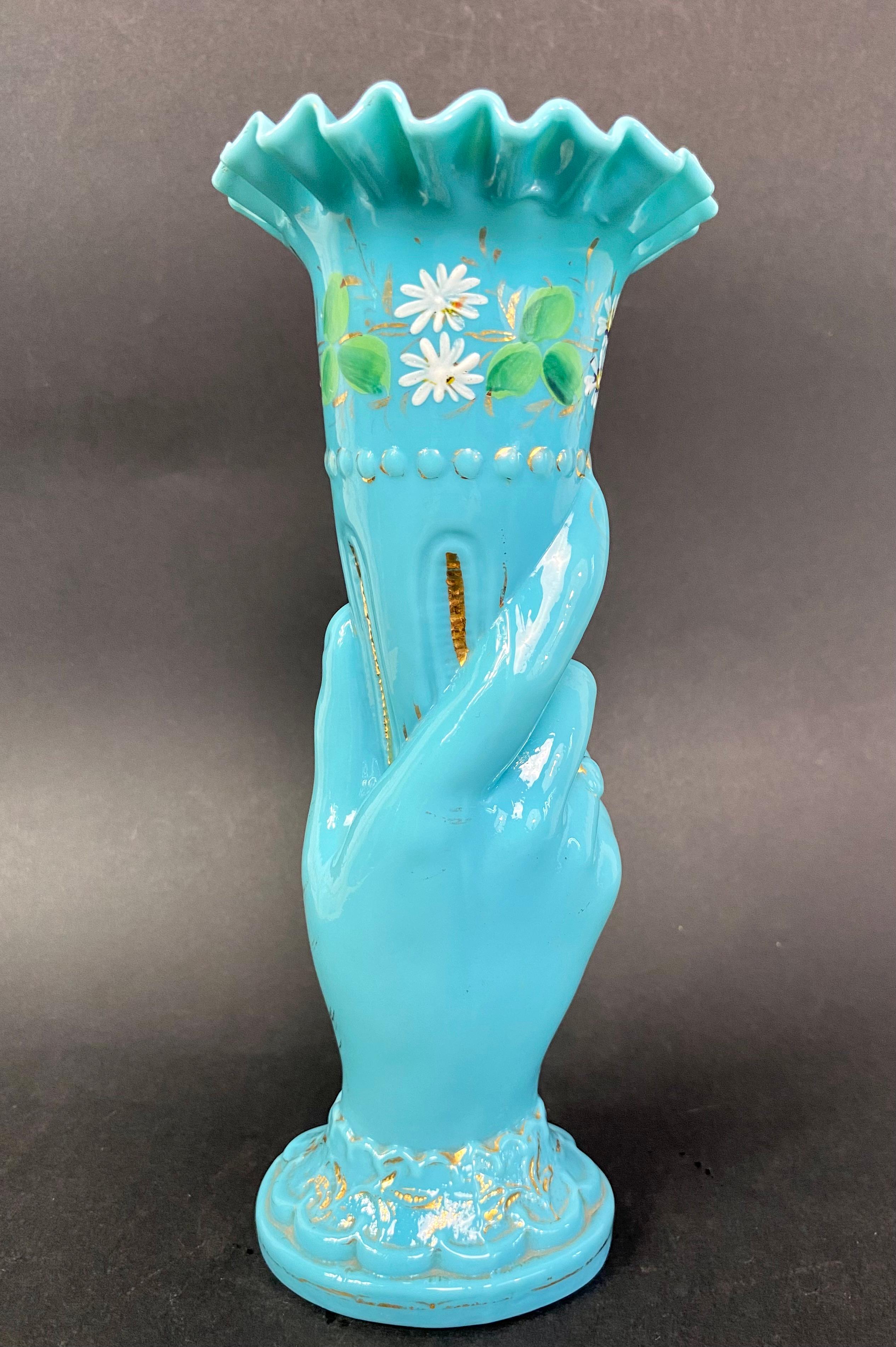 20th Century French Hand Blown Blue Opaline Glass Vase Cornucopia France Art Deco 1920 - XXth For Sale