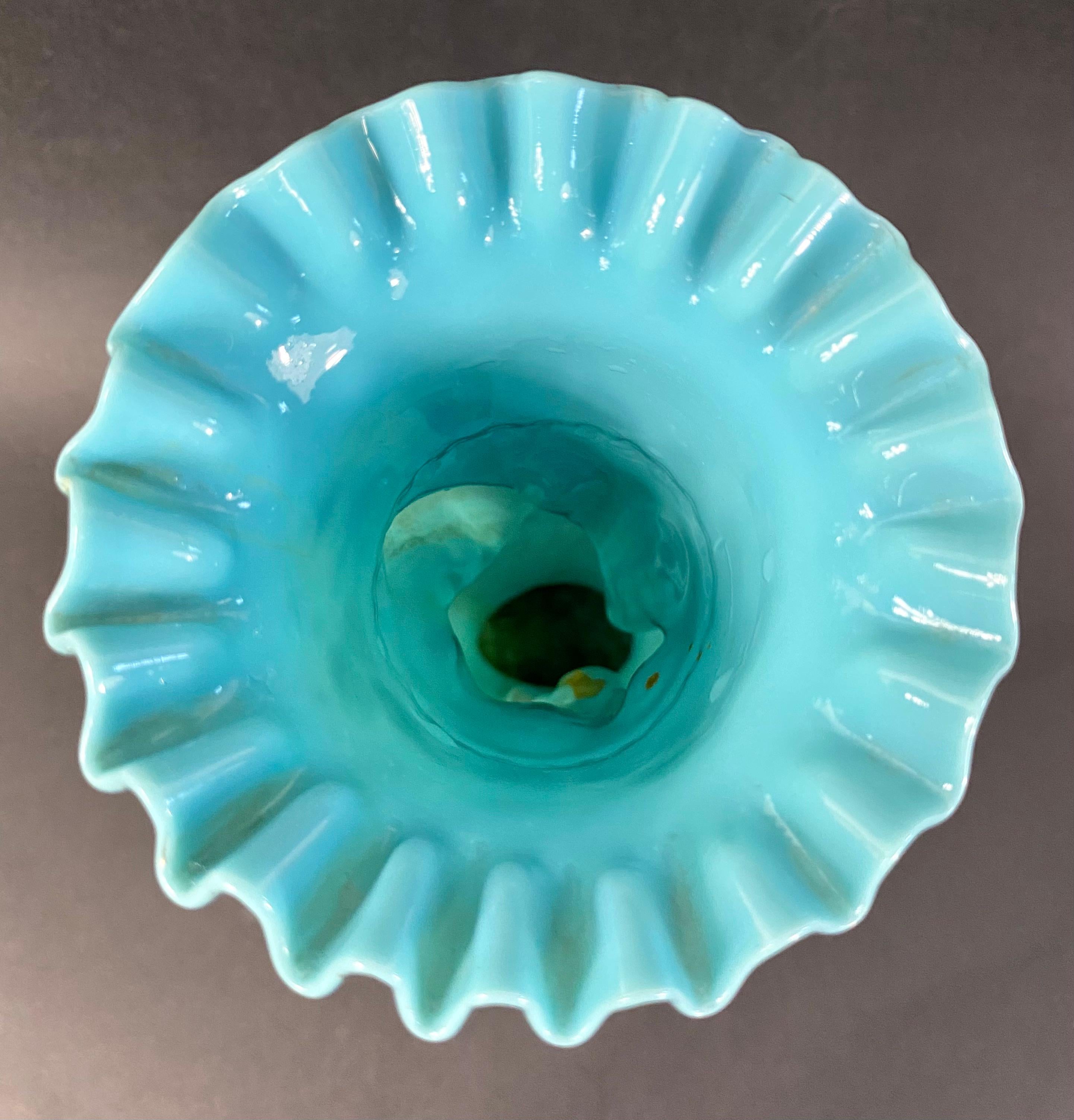 French Hand Blown Blue Opaline Glass Vase Cornucopia France Art Deco 1920 - XXth For Sale 1