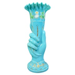 French Hand Blown Blue Opaline Glass Vase Cornucopia France Art Deco 1920 - XXth