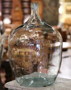 French Hand Blown Demijohn Glass Bottle and Gilt Painted Crest "Pommard 1er Cru"