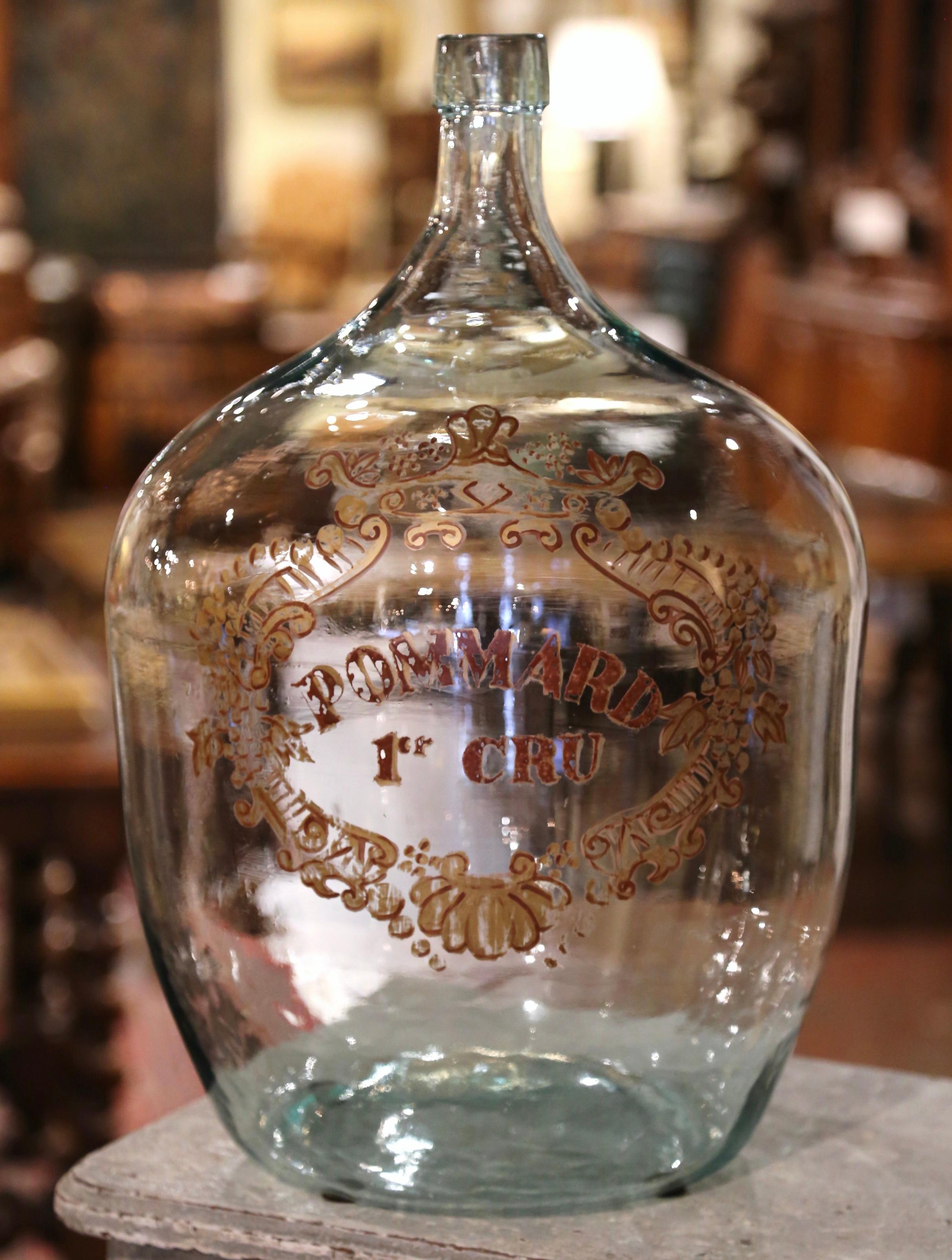 French Hand Blown Demijohn Glass Bottle and Gilt Painted Crest 