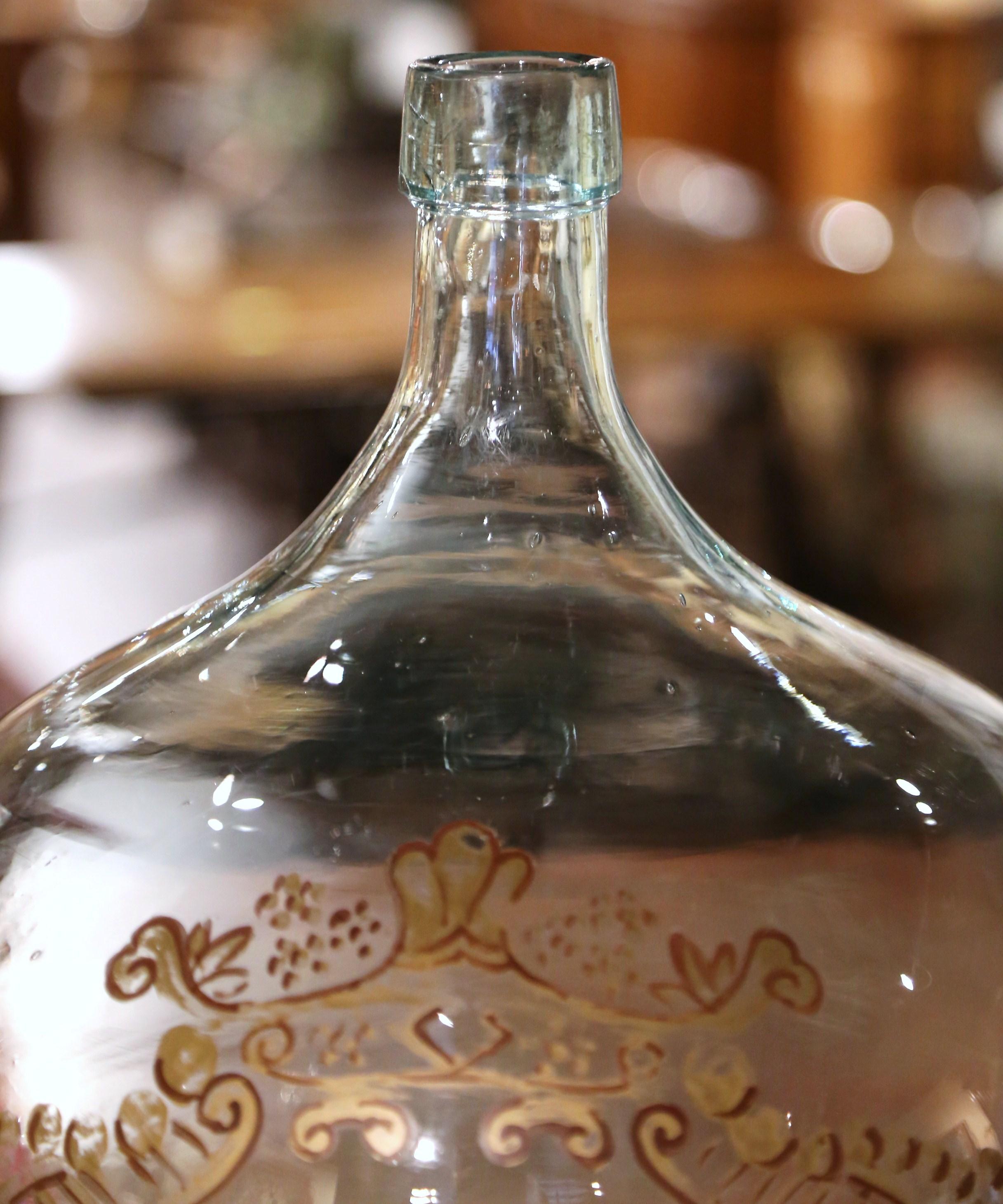 Contemporary French Hand Blown Demijohn Glass Bottle and Gilt Painted Crest 