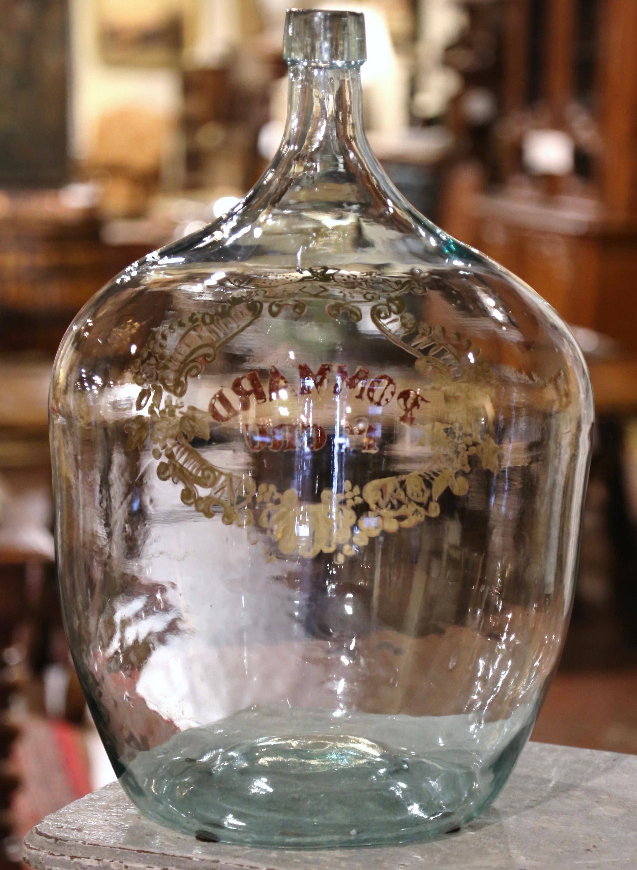 Blown Glass French Hand Blown Demijohn Glass Bottle and Gilt Painted Crest 