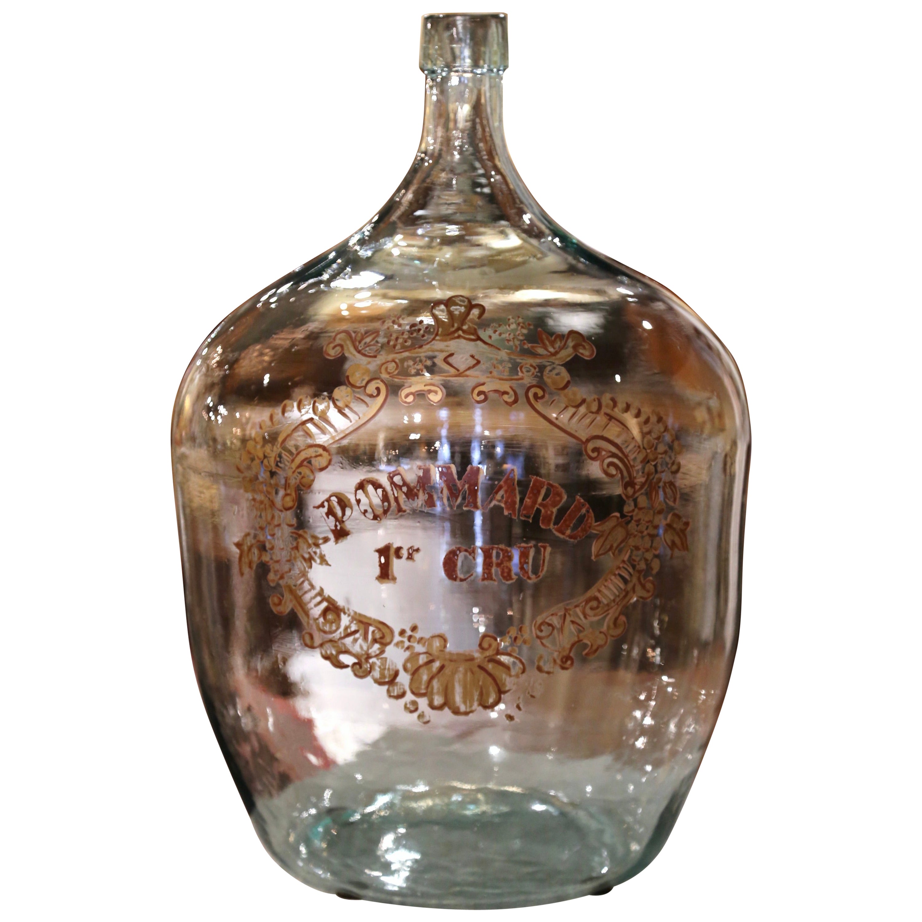 French Hand Blown Demijohn Glass Bottle and Gilt Painted Crest "Pommard 1er Cru"