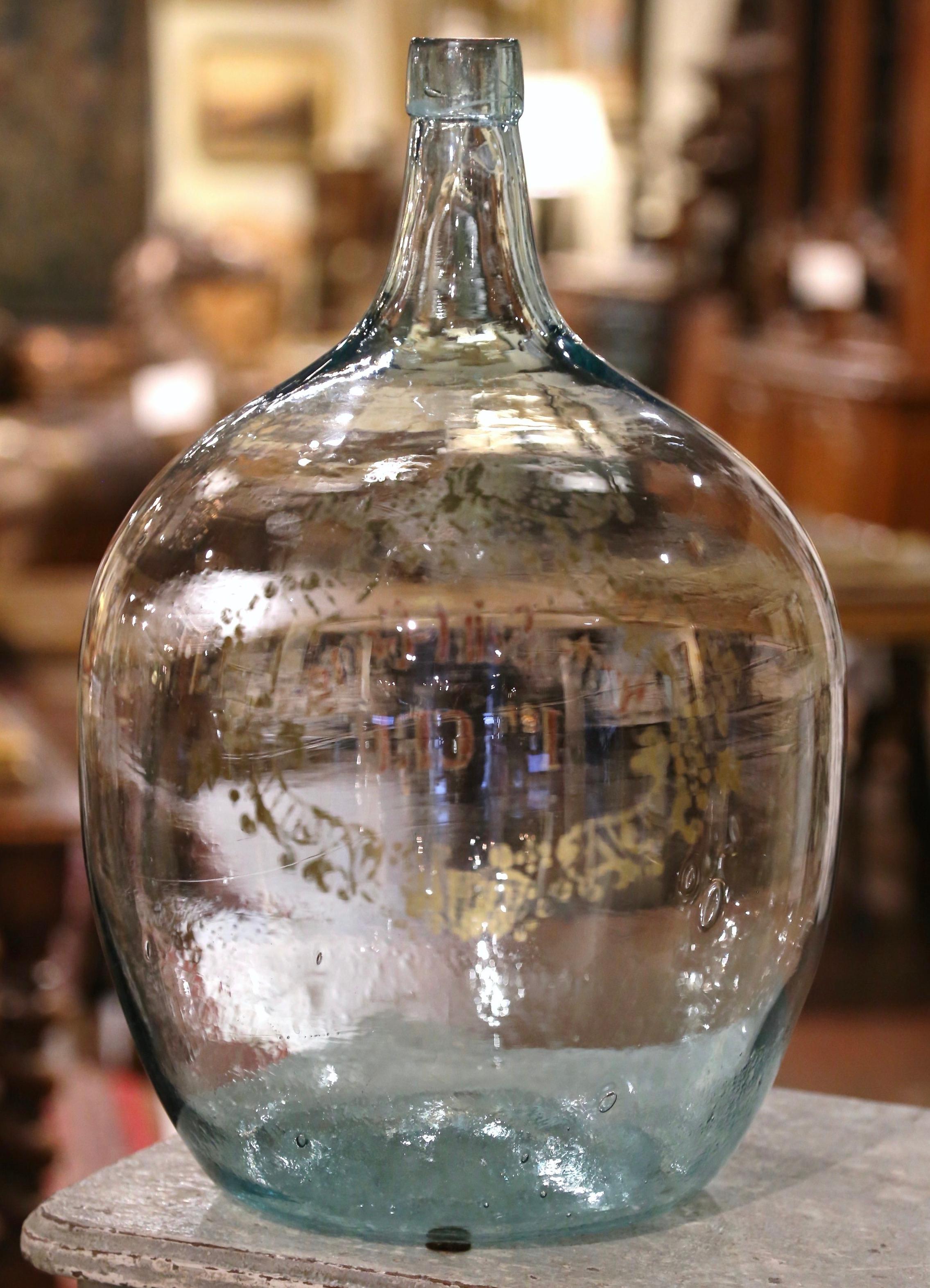 French Hand Blown Demijohn Glass Bottle and Gilt with 