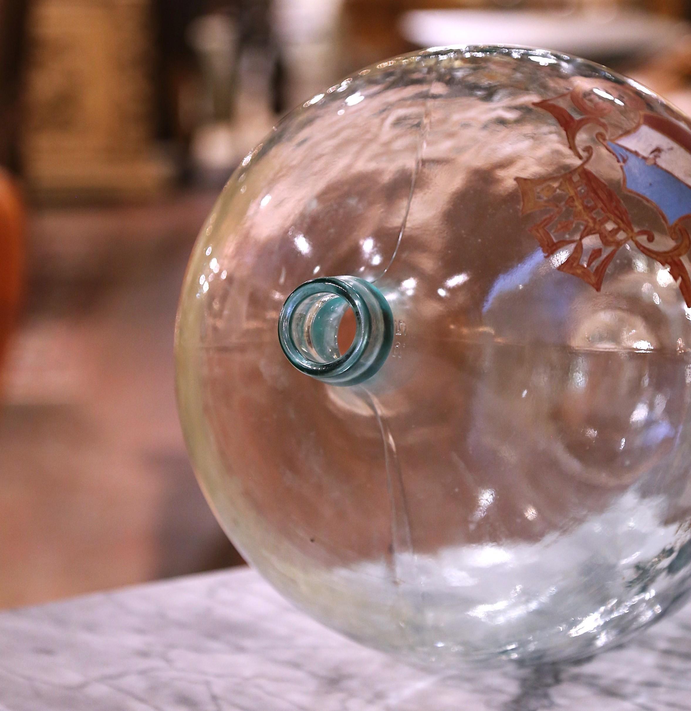 French Hand Blown Demijohn Glass Bottle and Gilt with 