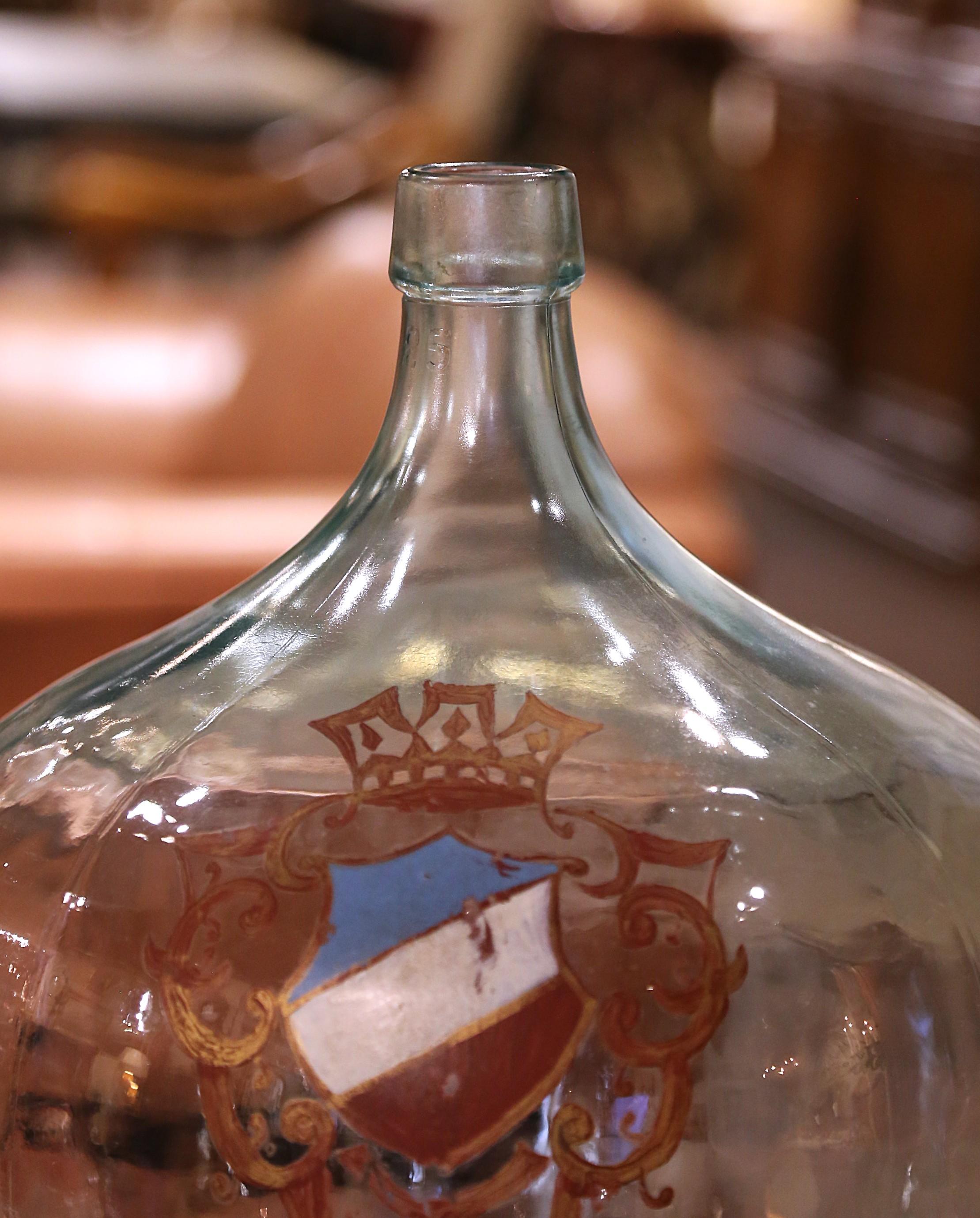 Hand-Crafted French Hand Blown Demijohn Glass Bottle and Gilt with 