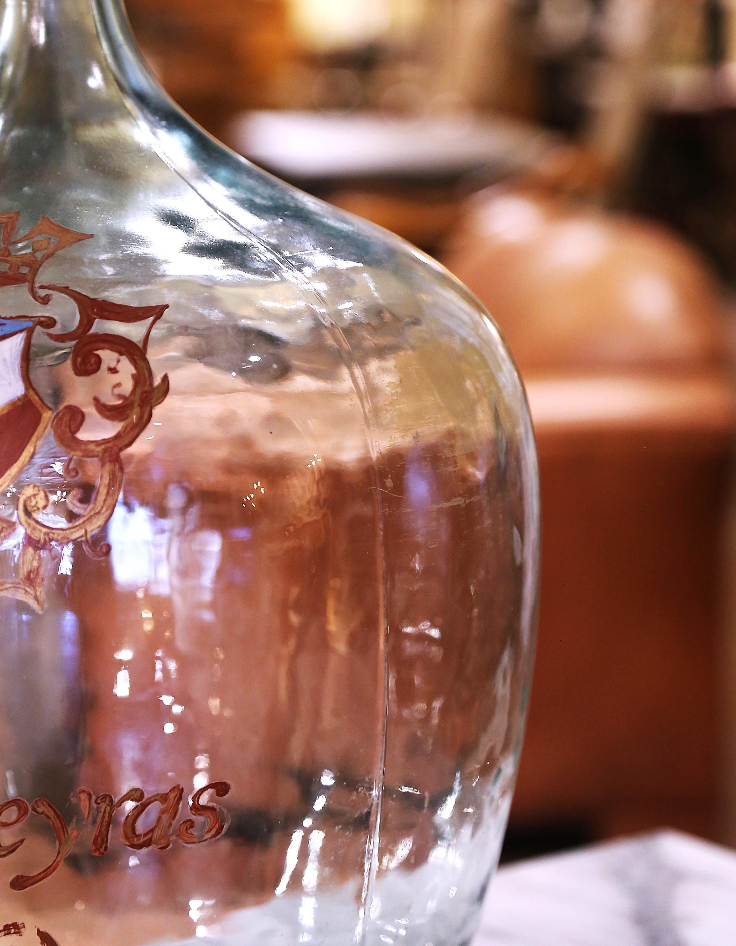French Hand Blown Demijohn Glass Bottle and Gilt with 