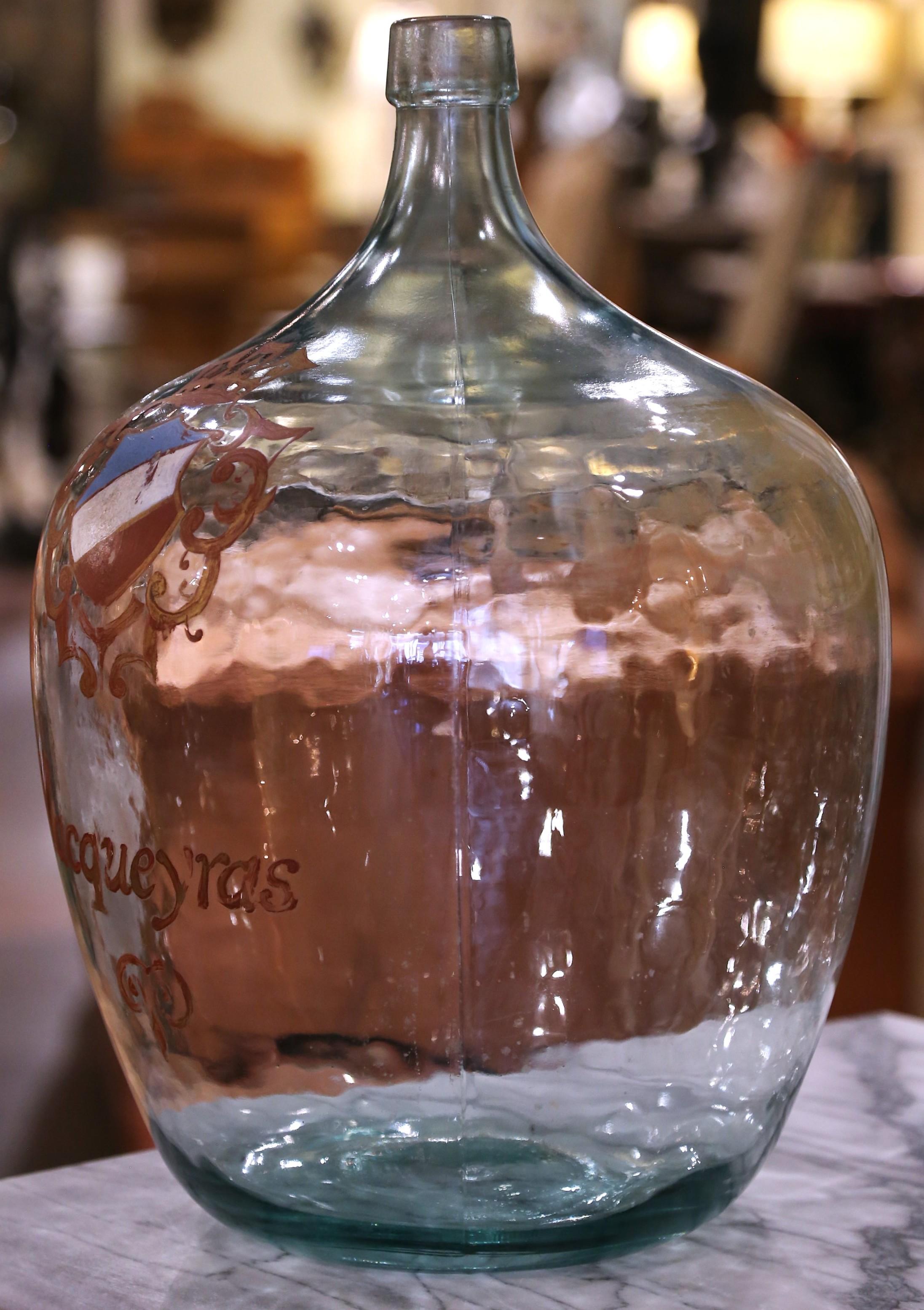 French Hand Blown Demijohn Glass Bottle and Gilt with 