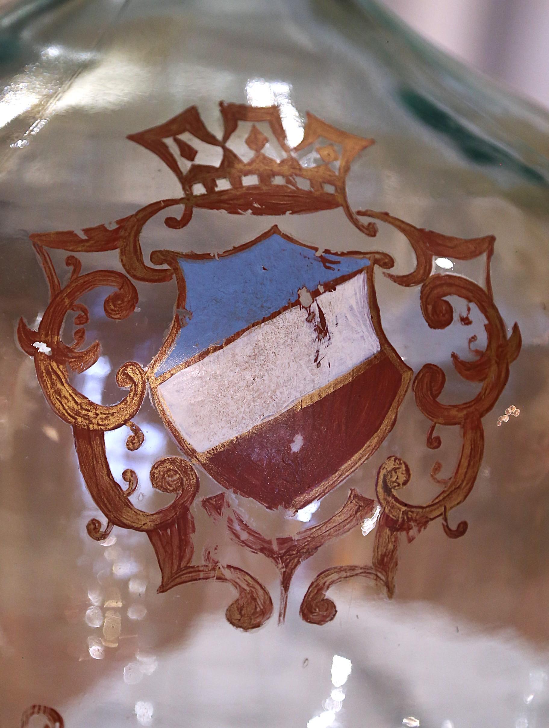 French Hand Blown Demijohn Glass Bottle and Gilt with 