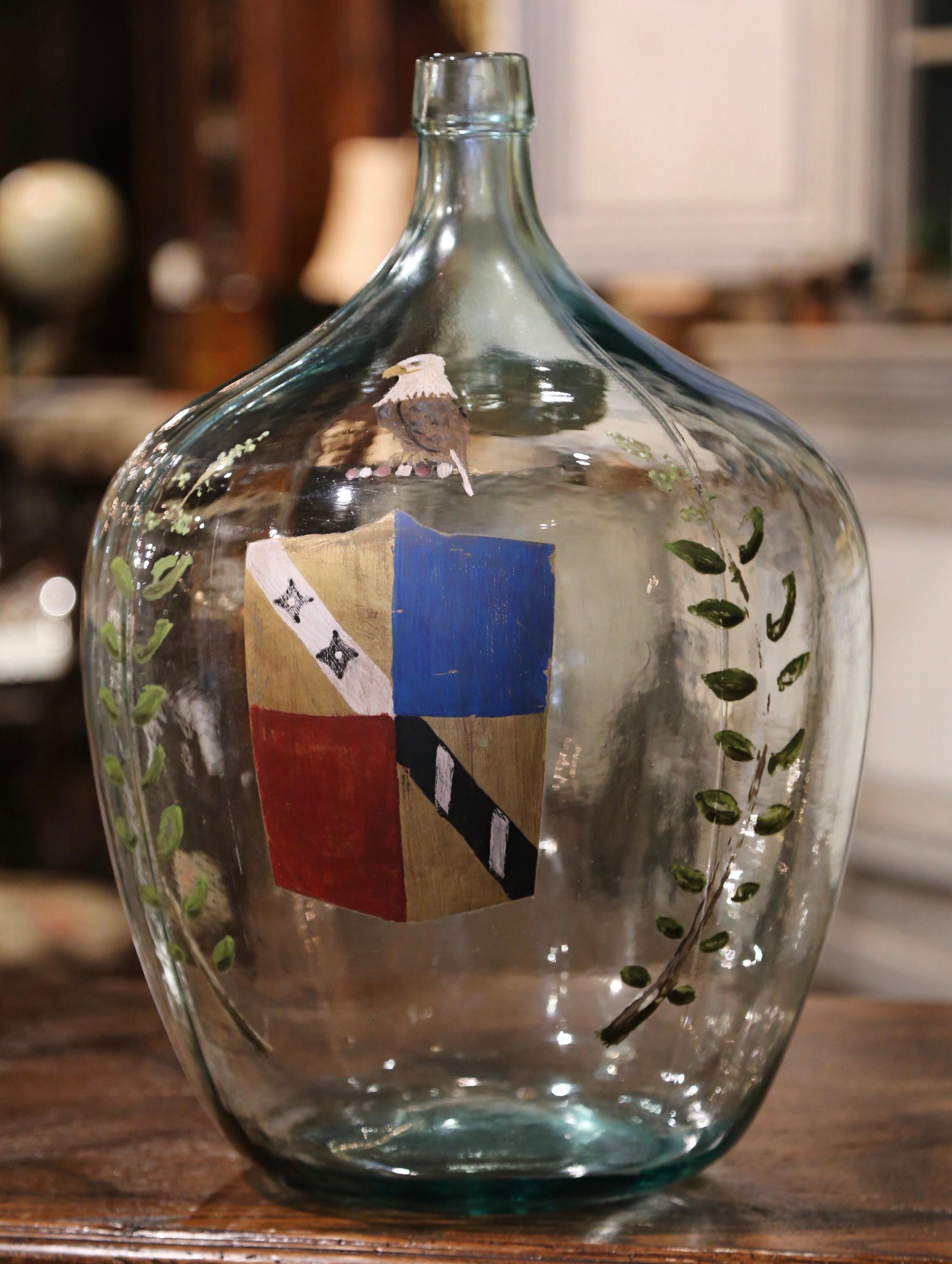 Handgeblasene Demijohn-Glasflasche mit bemaltem Wappen (Französisch)