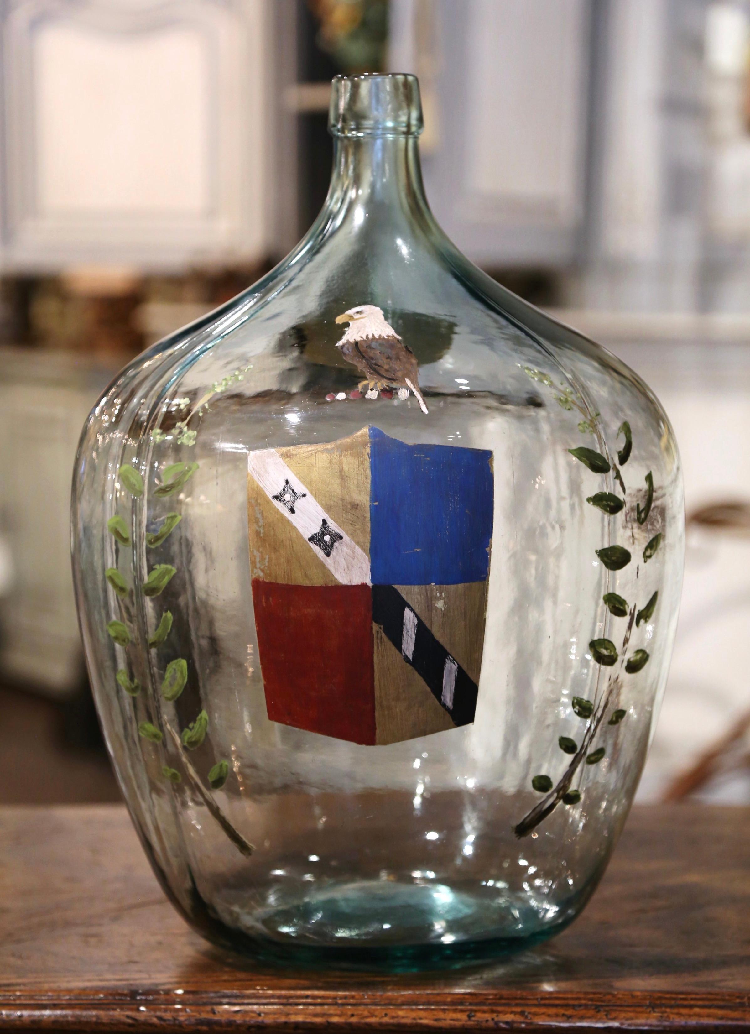 Hand-Painted French Hand Blown Demijohn Glass Bottle with Painted Coat of Arms