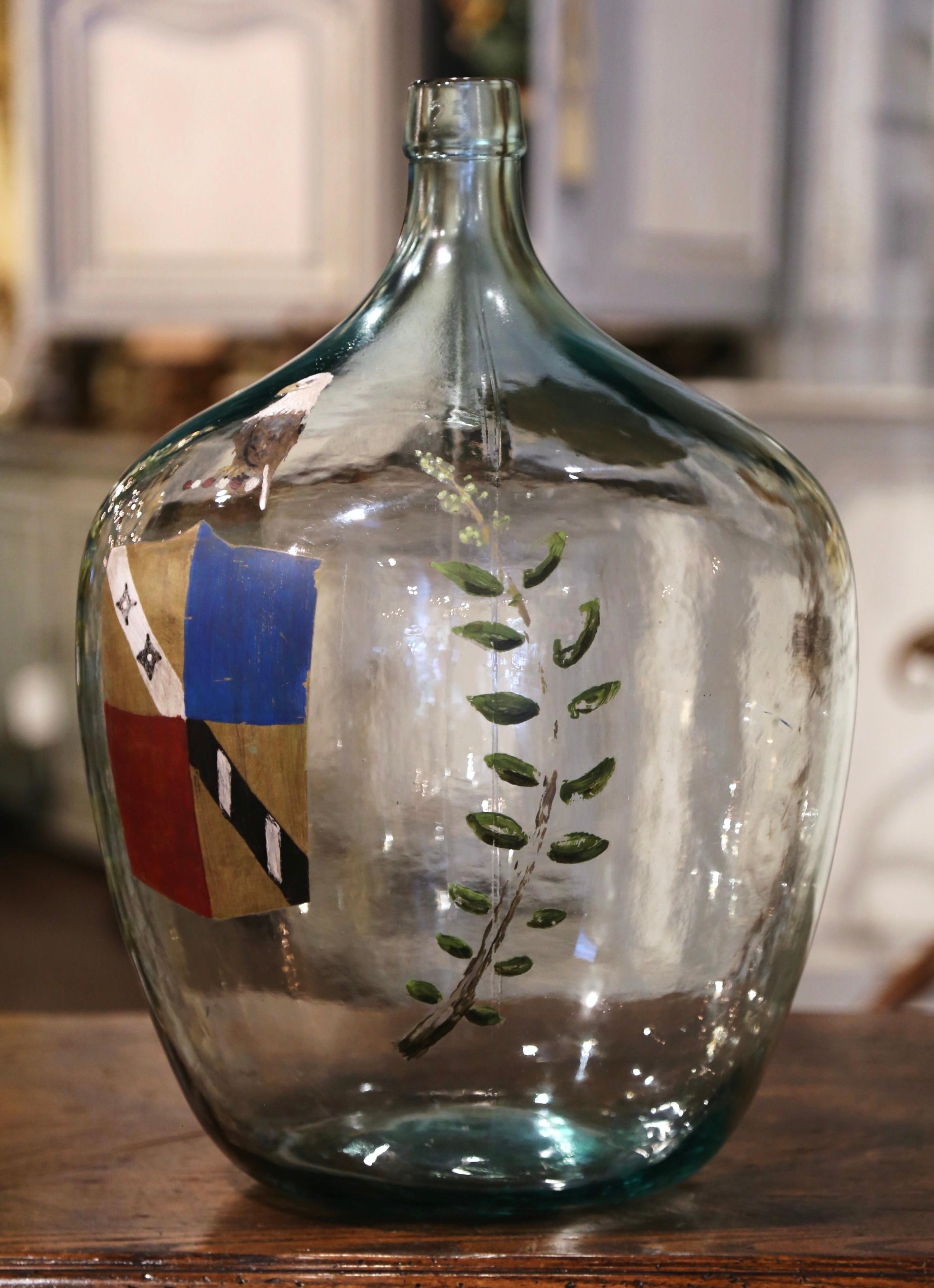 Blown Glass French Hand Blown Demijohn Glass Bottle with Painted Coat of Arms