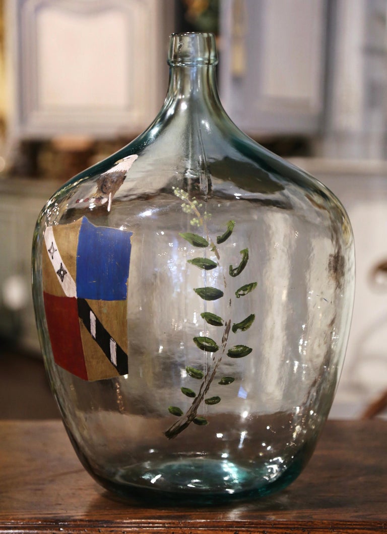 French Hand Blown Demijohn Glass Bottle with Painted Coat of Arms For