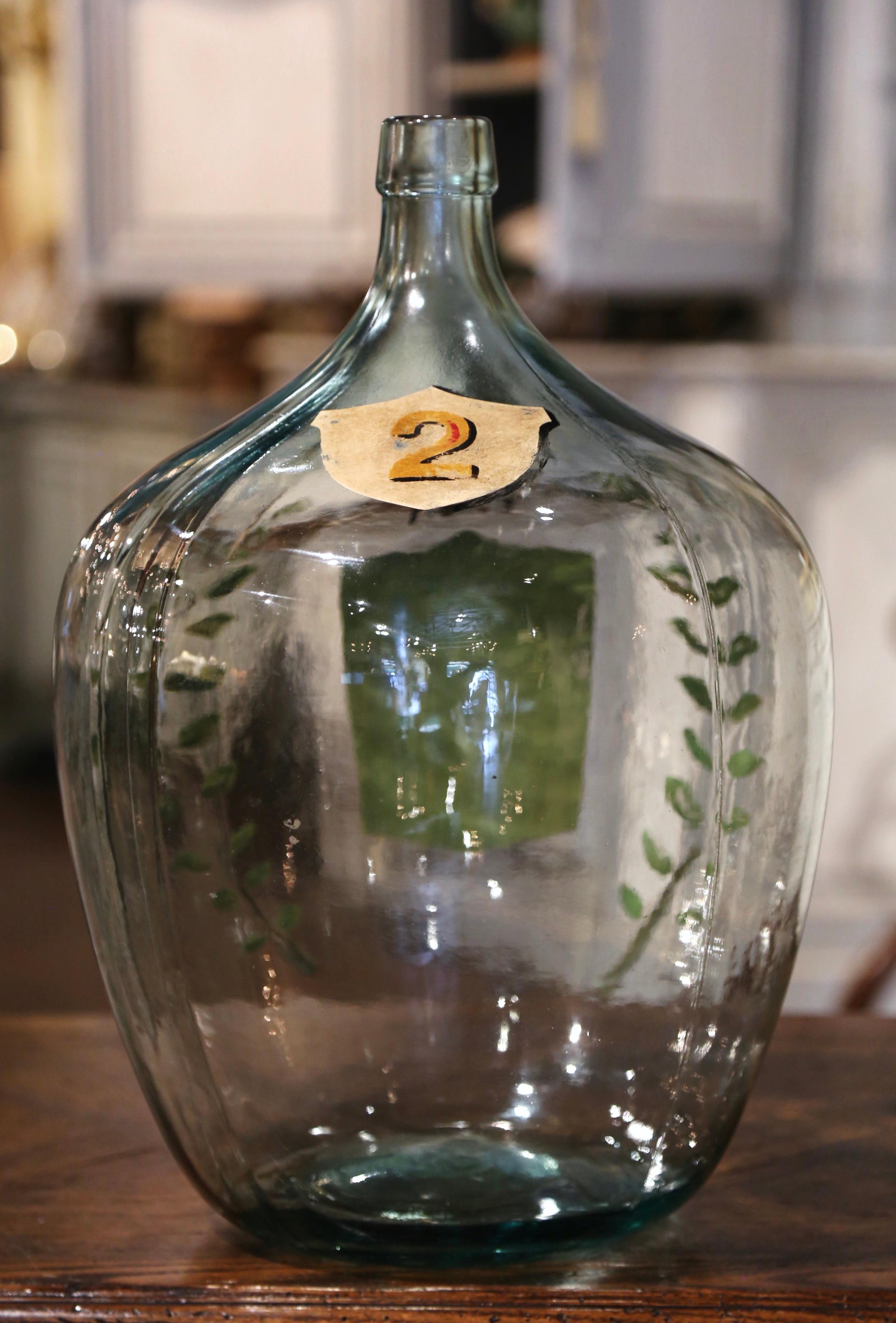 French Hand Blown Demijohn Glass Bottle with Painted Coat of Arms 1