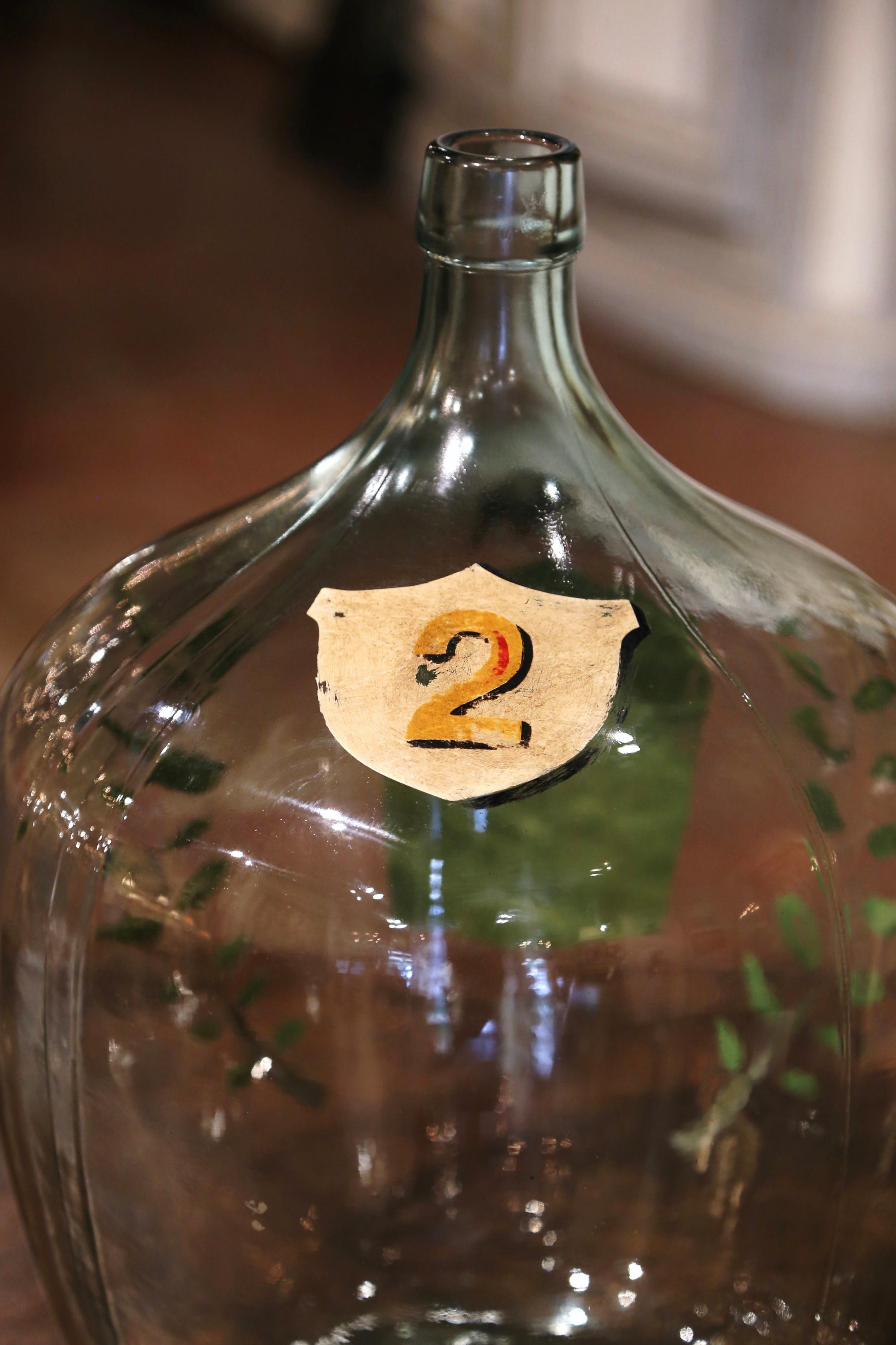 French Hand Blown Demijohn Glass Bottle with Painted Coat of Arms 2