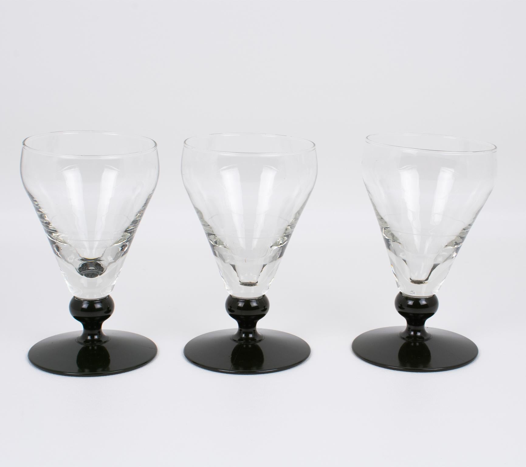 An authentic set of three French Absinthe glasses manufactured by Franckhauser in Lyon circa 1910. 
These heavy glasses were used in French Bistros, Bars, or Cafes in the ritual of drinking the addictive beverage called 