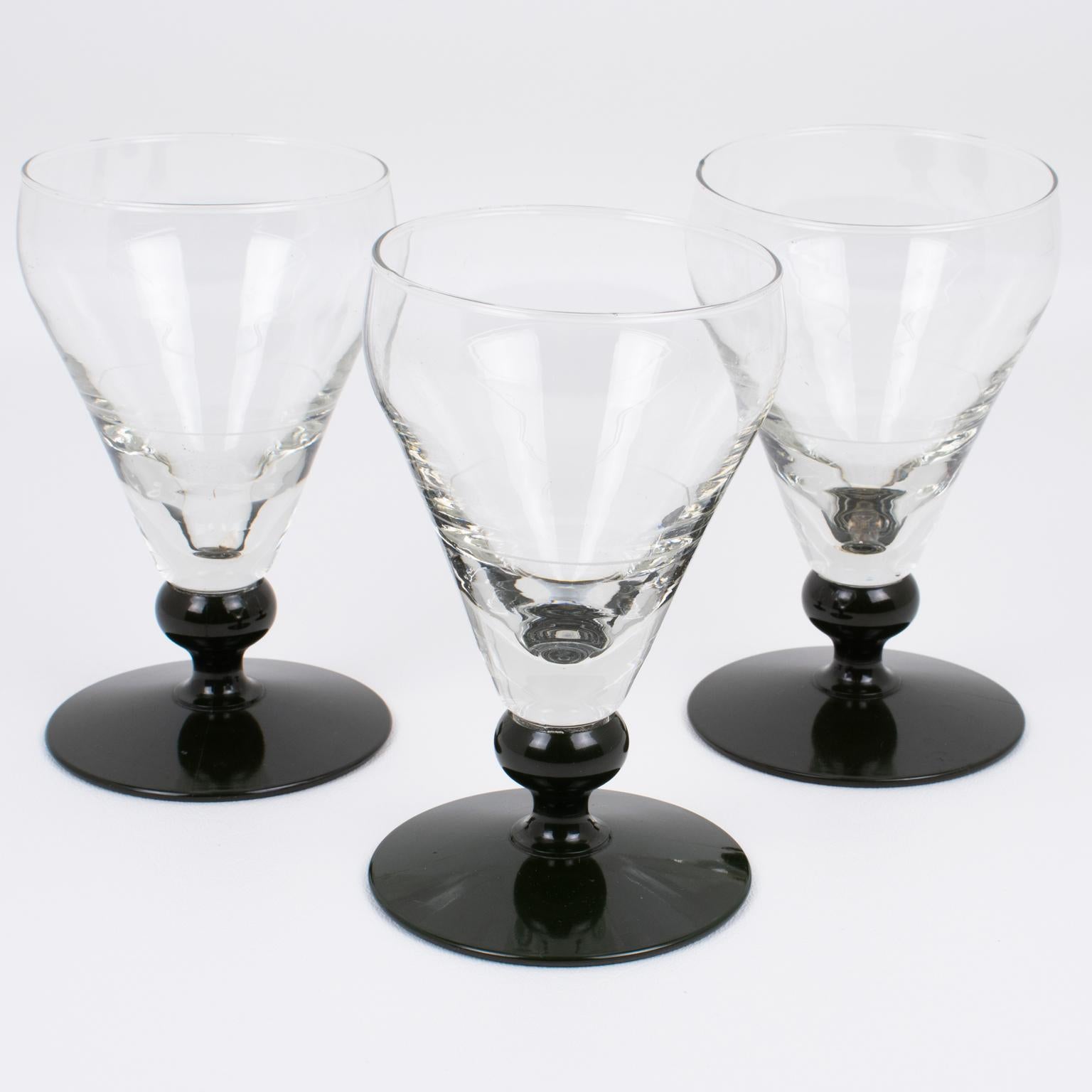 French Hand-Blown Glass and Bakelite Absinthe Glasses Set, 3 pieces, 1910s In Good Condition For Sale In Atlanta, GA