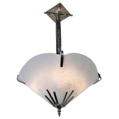 French Hand Blown Glass and Nickel Art Deco Chandelier by Degue