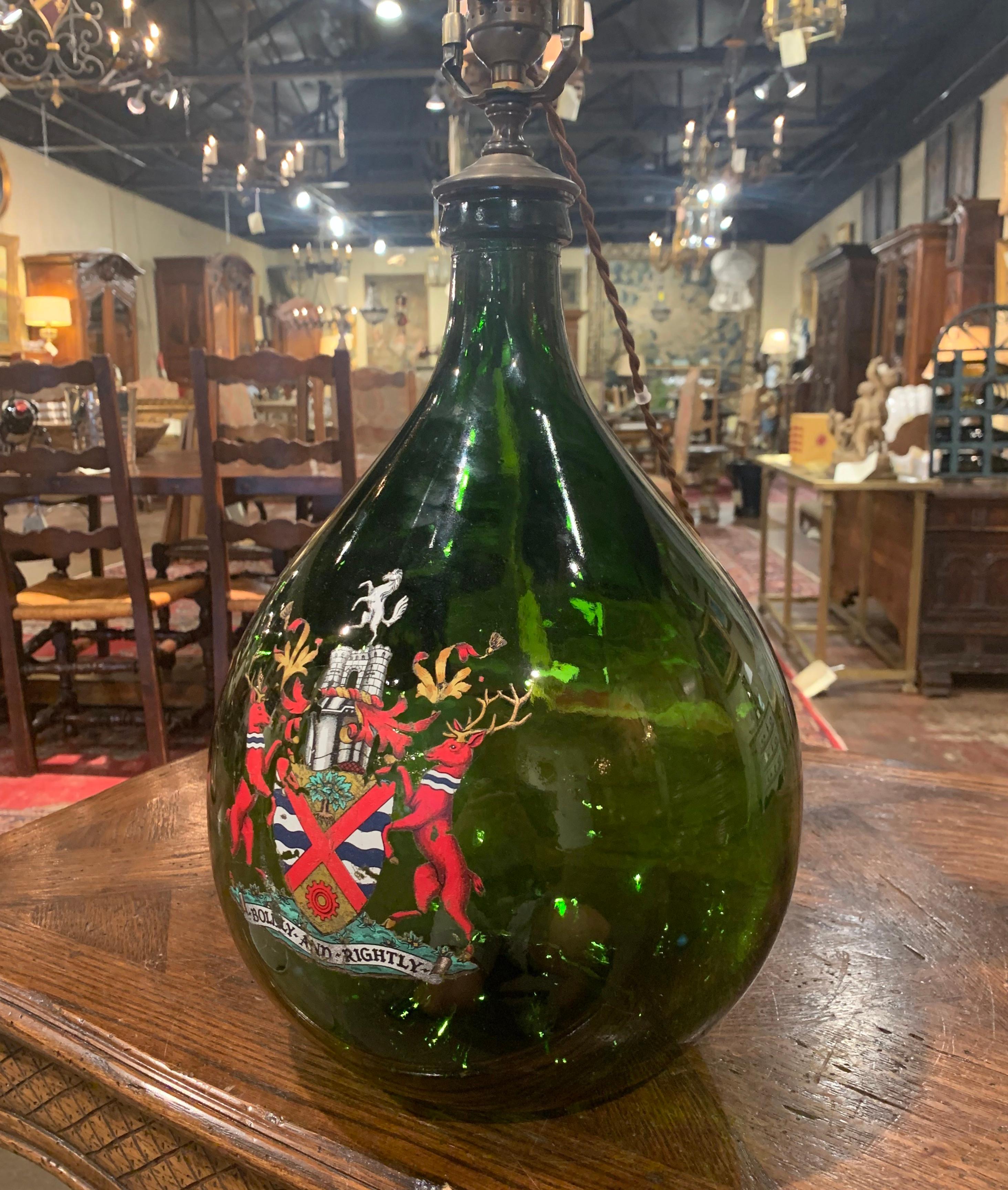 Hand-Crafted French Hand Blown Glass Wine Bottle with Painted Coat of Arms Table Lamp For Sale