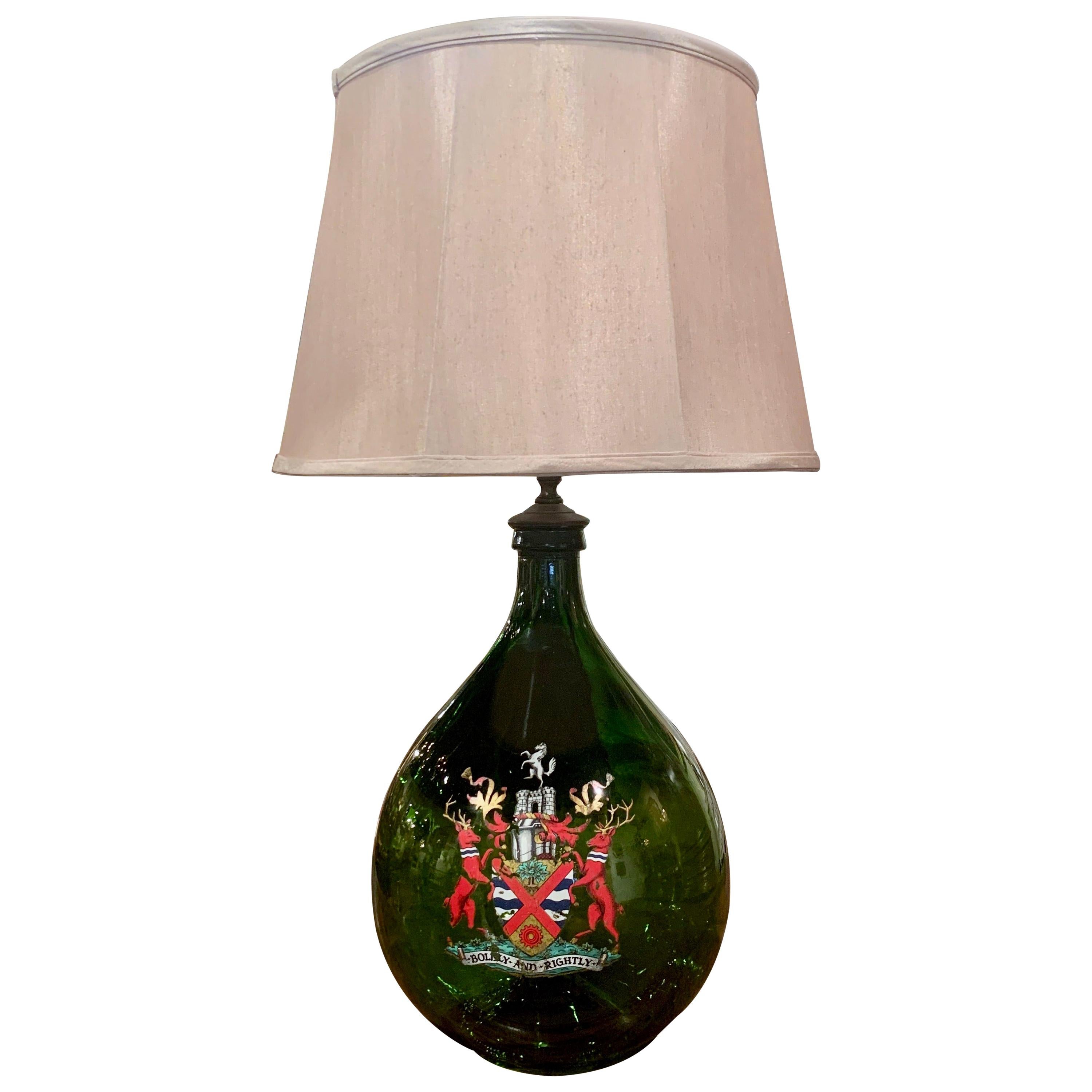 French Hand Blown Glass Wine Bottle with Painted Coat of Arms Table Lamp For Sale