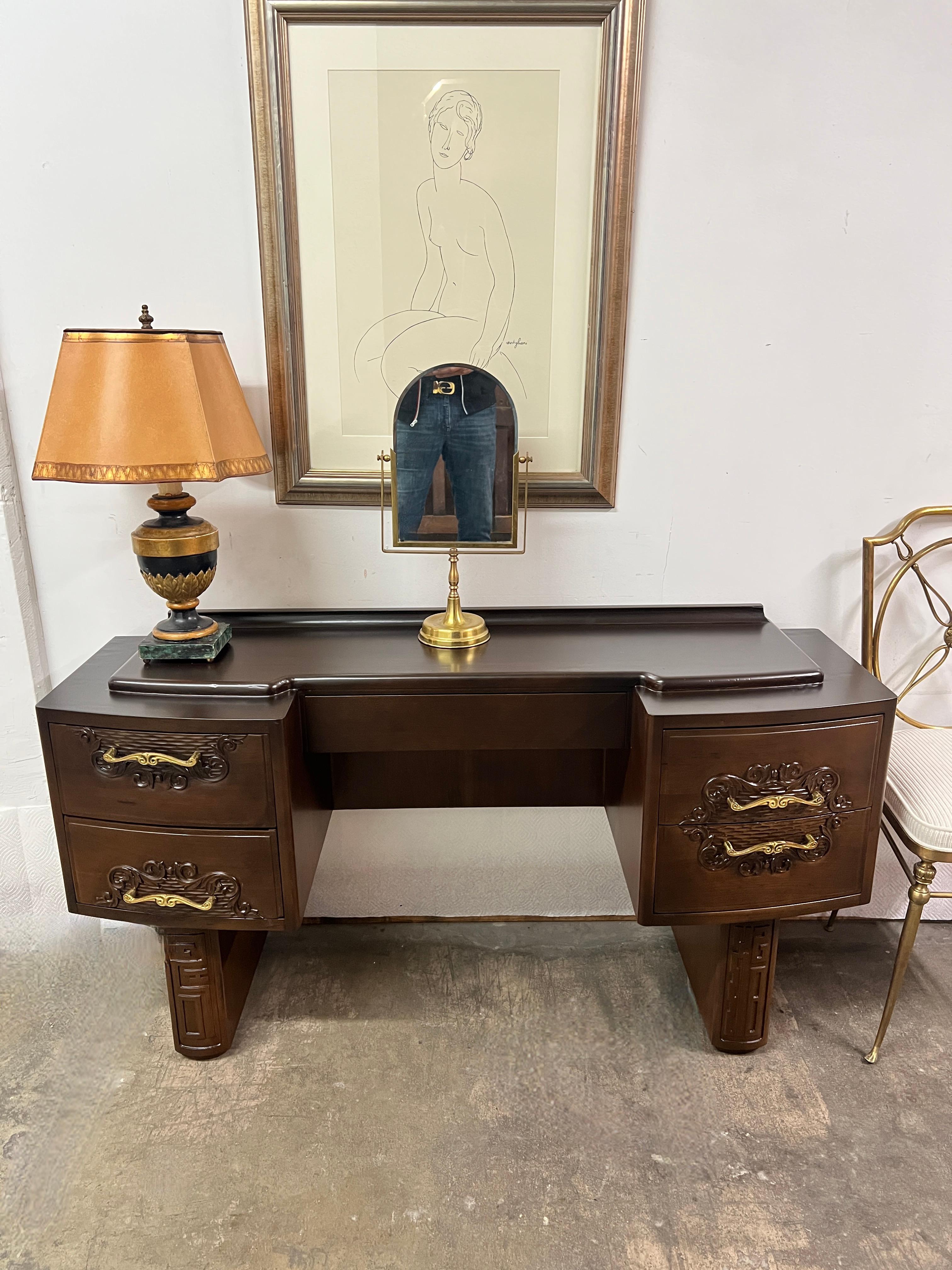 French Hand Carved Art Deco Vanity in the Style of Charles Dudouyt 1939-1949 For Sale 5
