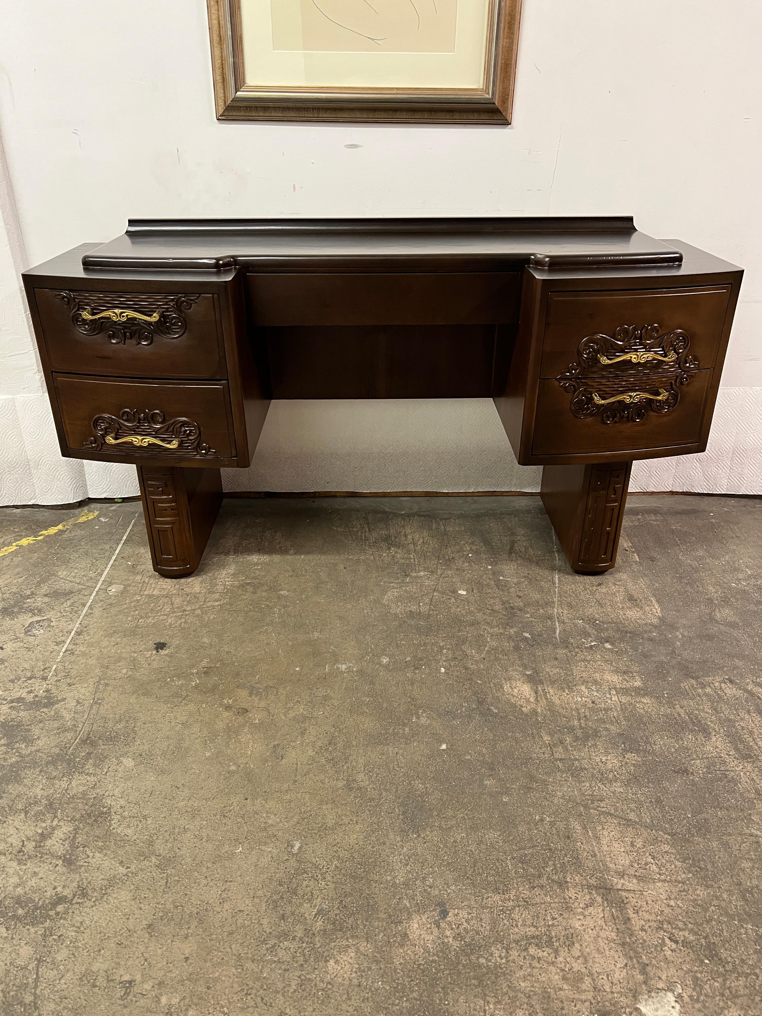 French Hand Carved Art Deco Vanity in the Style of Charles Dudouyt 1939-1949 In Good Condition For Sale In Los Angeles, CA