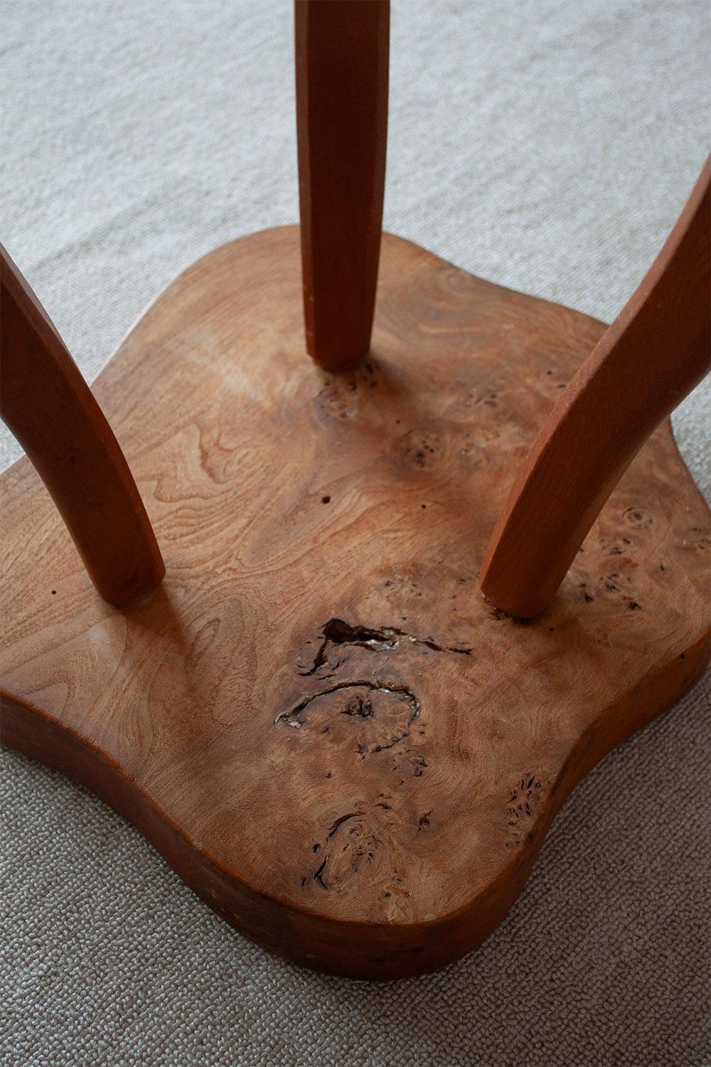 French hand carved Burl wood Three Legged Stool (1 of 4) For Sale 3