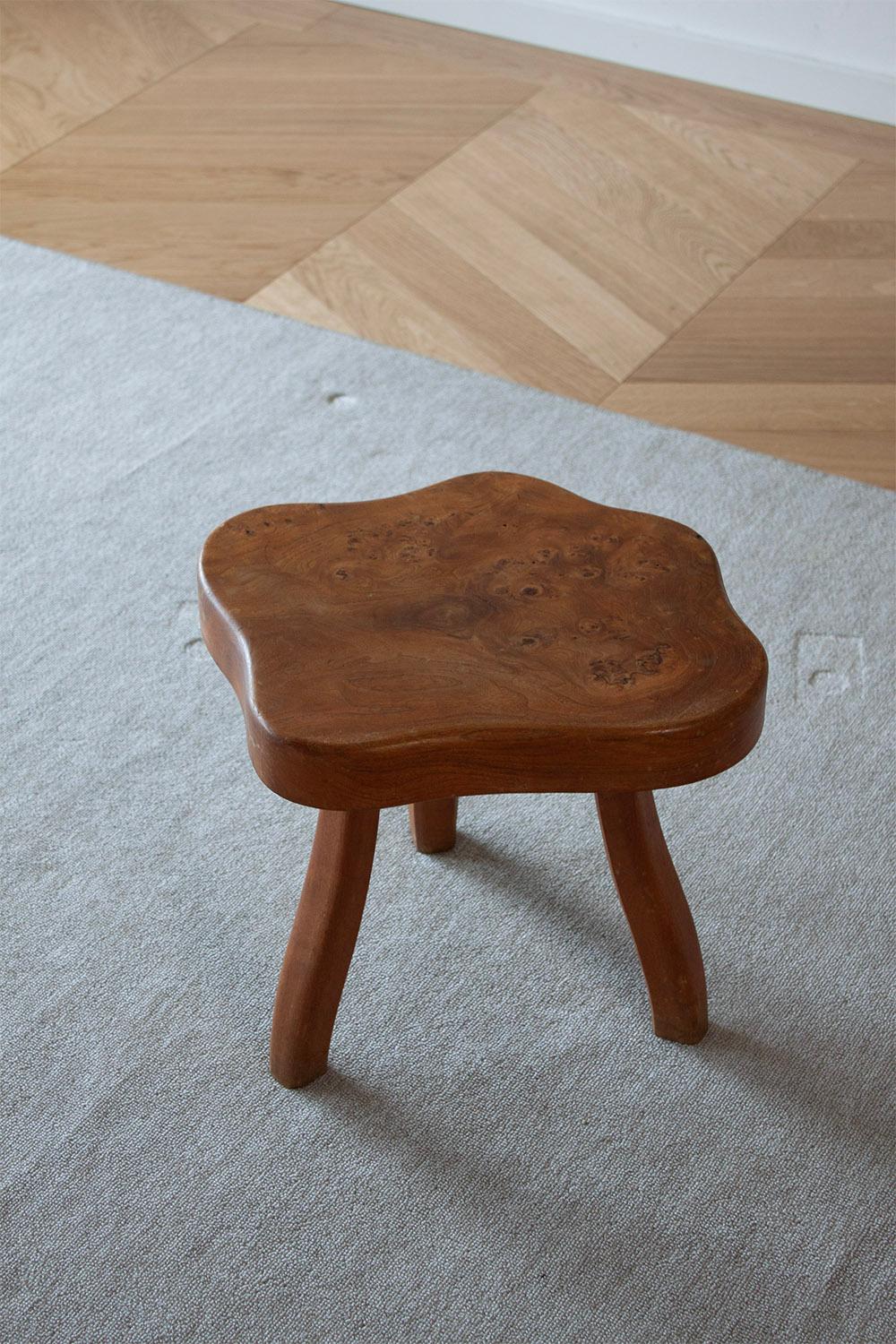 Primitive French hand carved Burl wood Three Legged Stool (1 of 4) For Sale