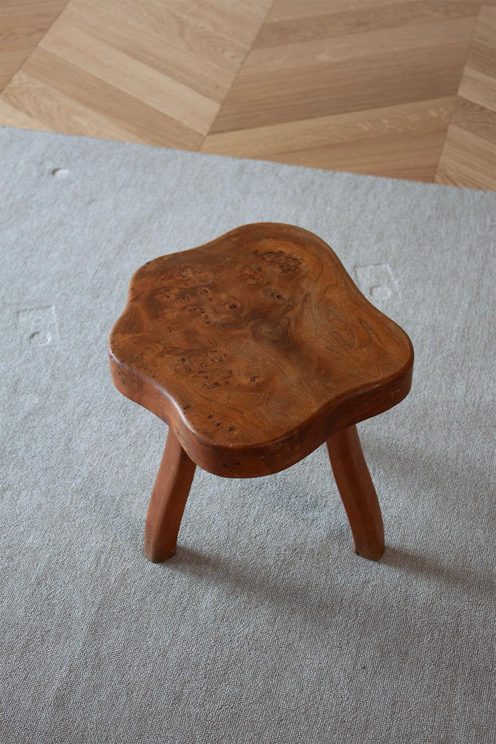 Wood French hand carved Burl wood Three Legged Stool (1 of 4) For Sale