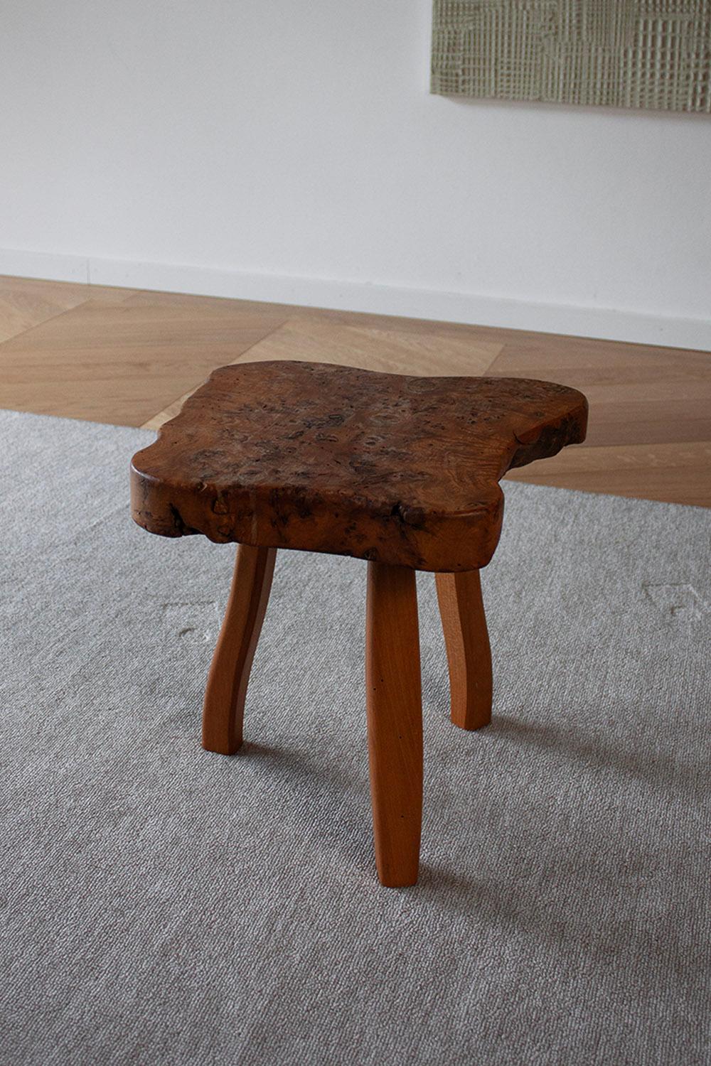 Hand-Carved French hand carved Burl wood Three Legged Stool (2 of 4)