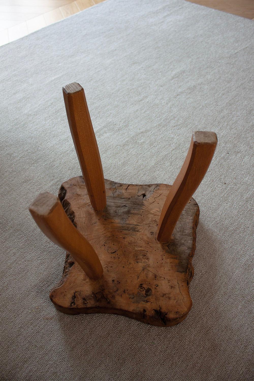 Wood French hand carved Burl wood Three Legged Stool (2 of 4) For Sale
