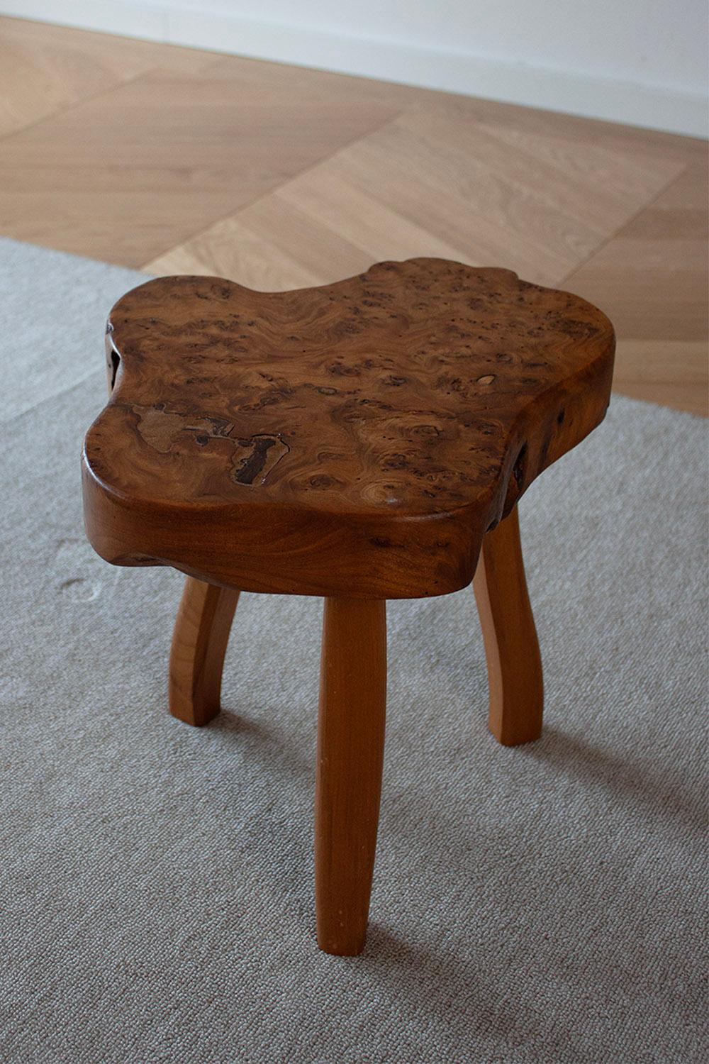 French hand carved Burl wood Three Legged Stool (3 of 4) 2