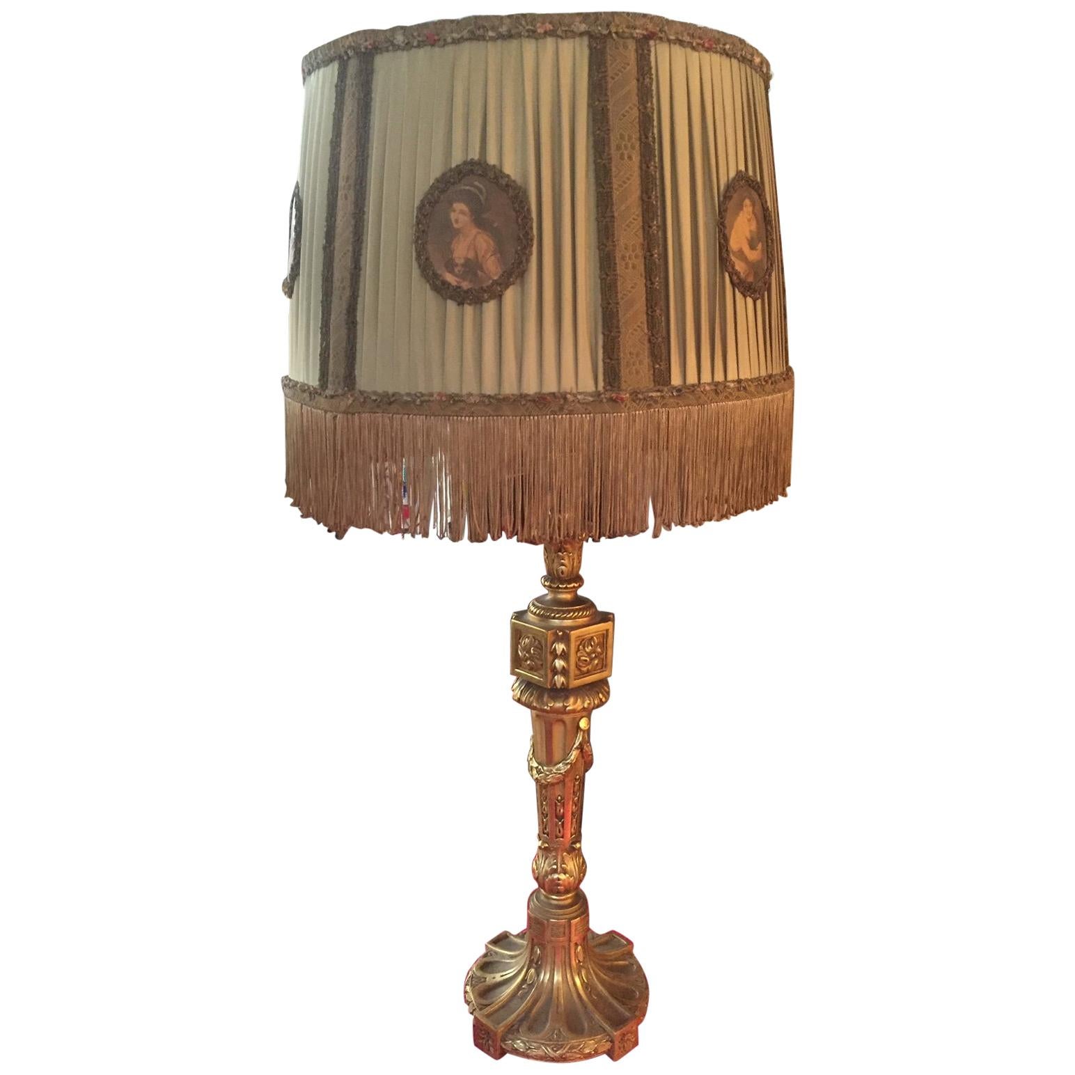 French Hand Carved Golden Wood Louis XVI Style Table Lamp, 1900