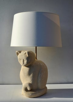 French Hand-Carved Limestone Cat Lamp, 1970s