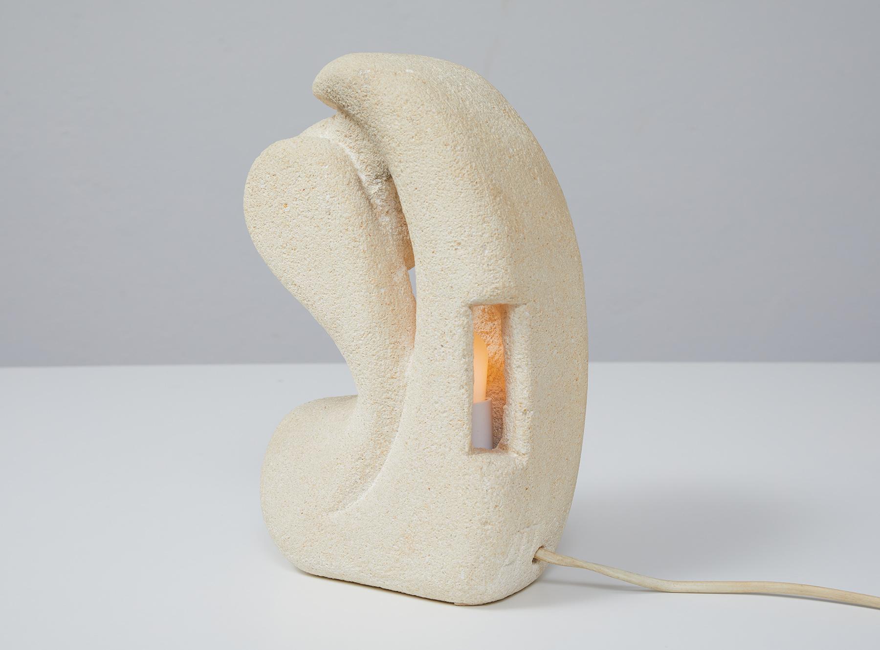 French Hand Carved Limestone Lamp by Albert Tormos, 1970 In Good Condition In Renens, CH