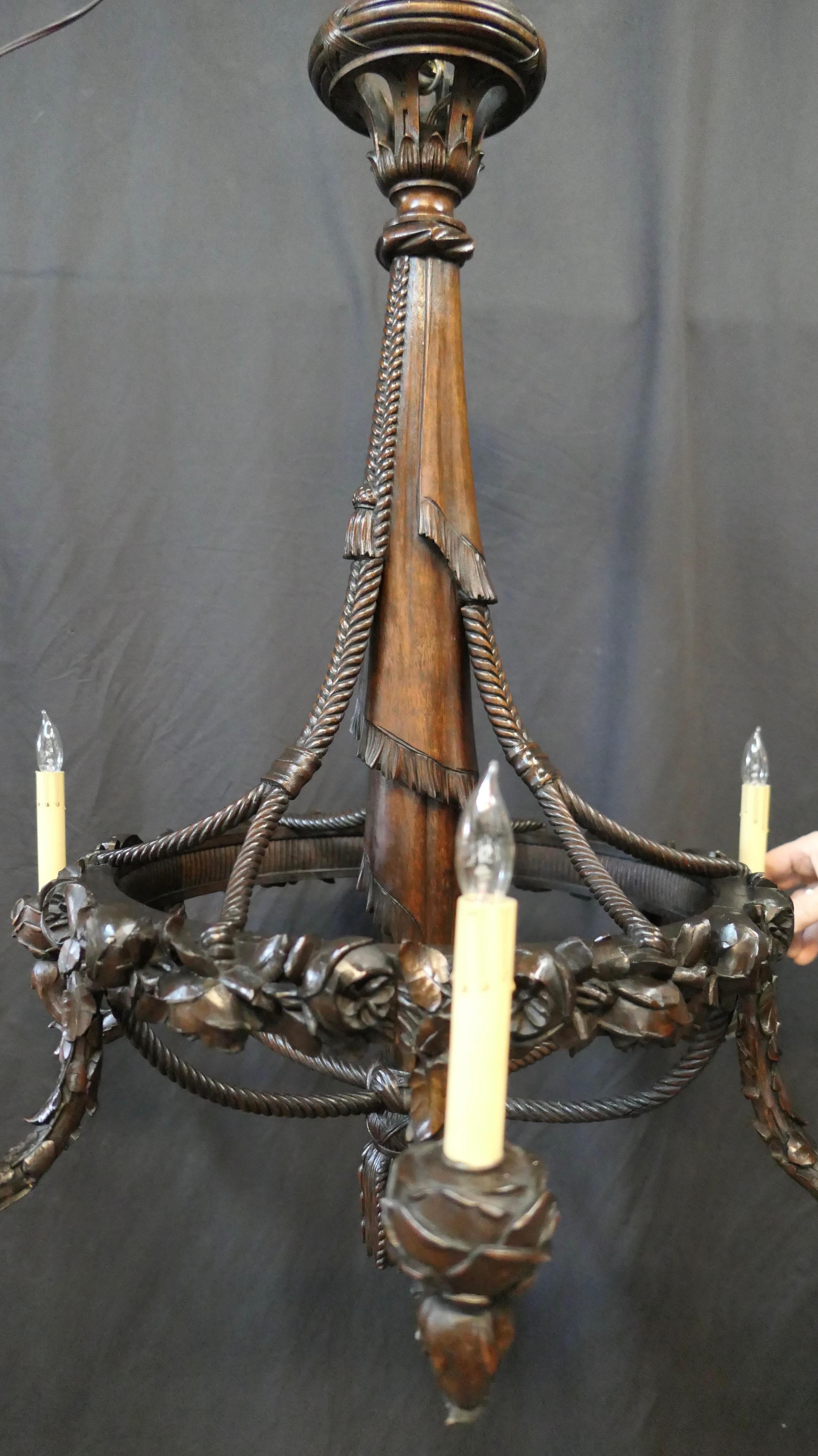 French Hand Carved Mahogany Chandelier For Sale 7