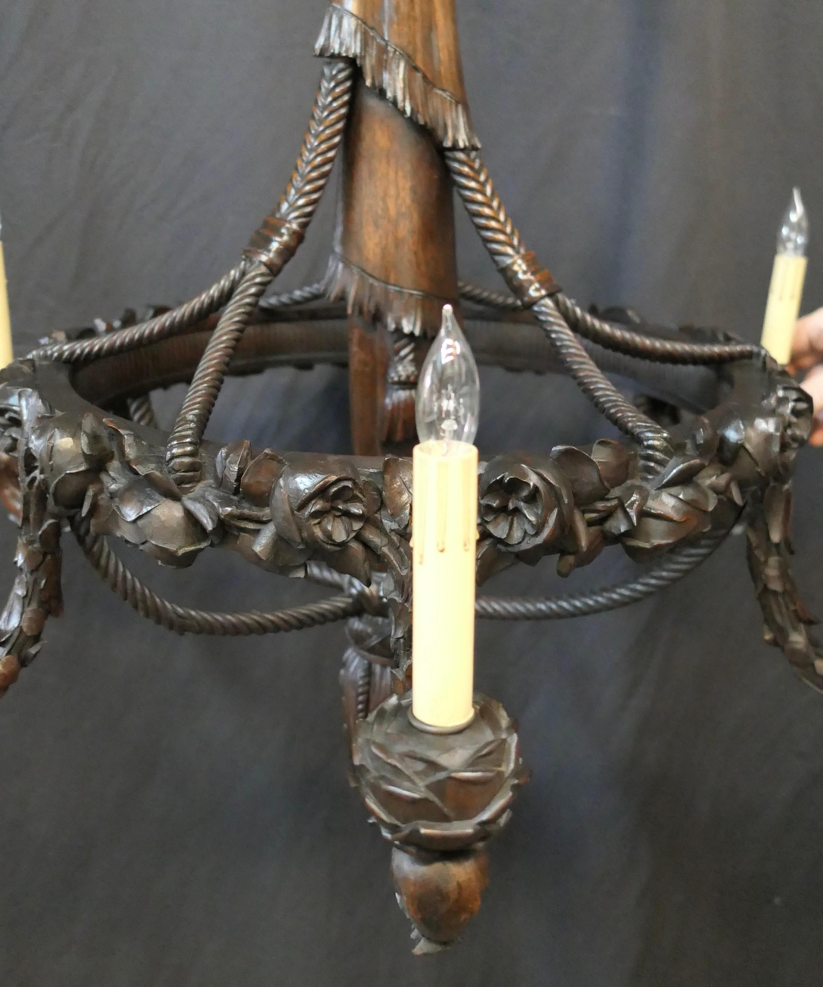 French Hand Carved Mahogany Chandelier For Sale 8
