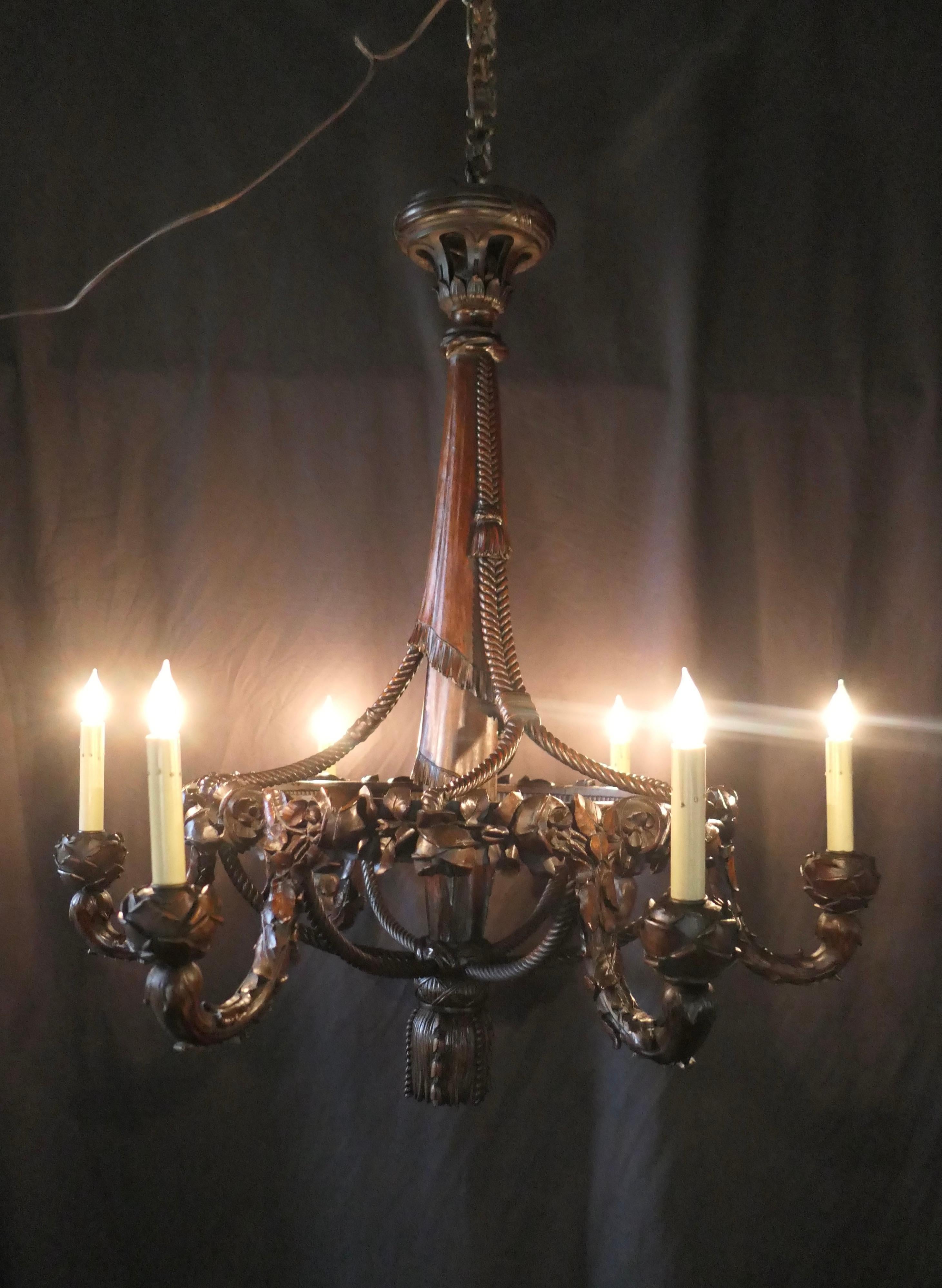 French Hand Carved Mahogany Chandelier For Sale 12