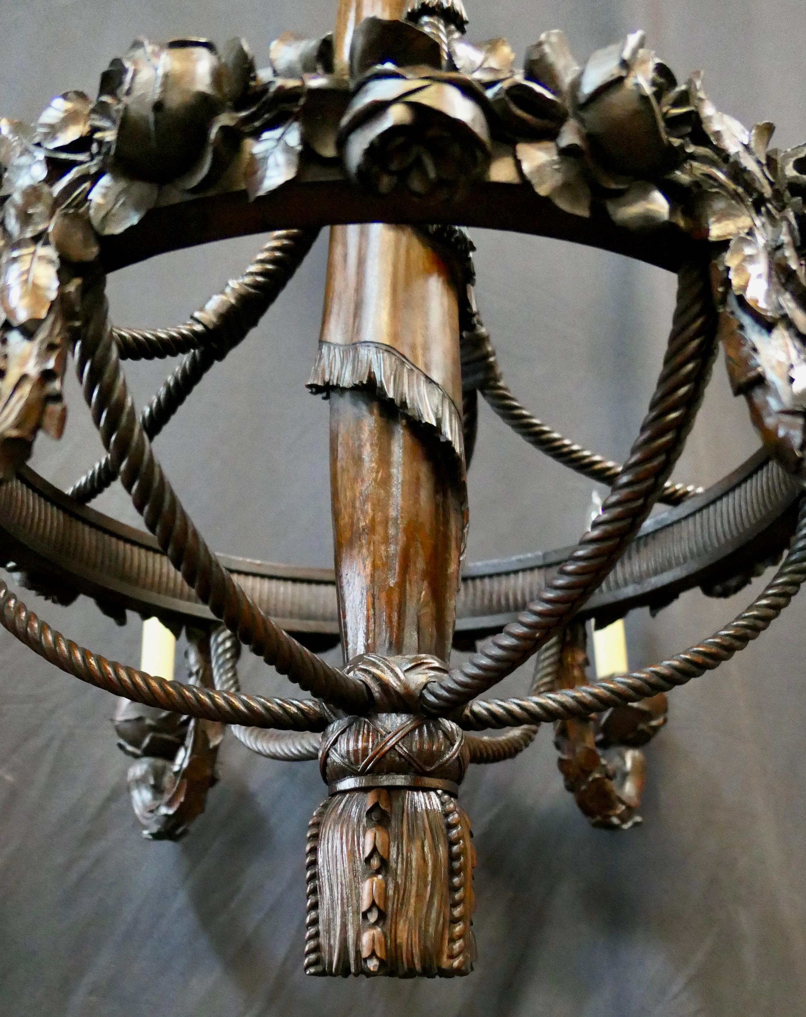 Hand-Carved French Hand Carved Mahogany Chandelier For Sale