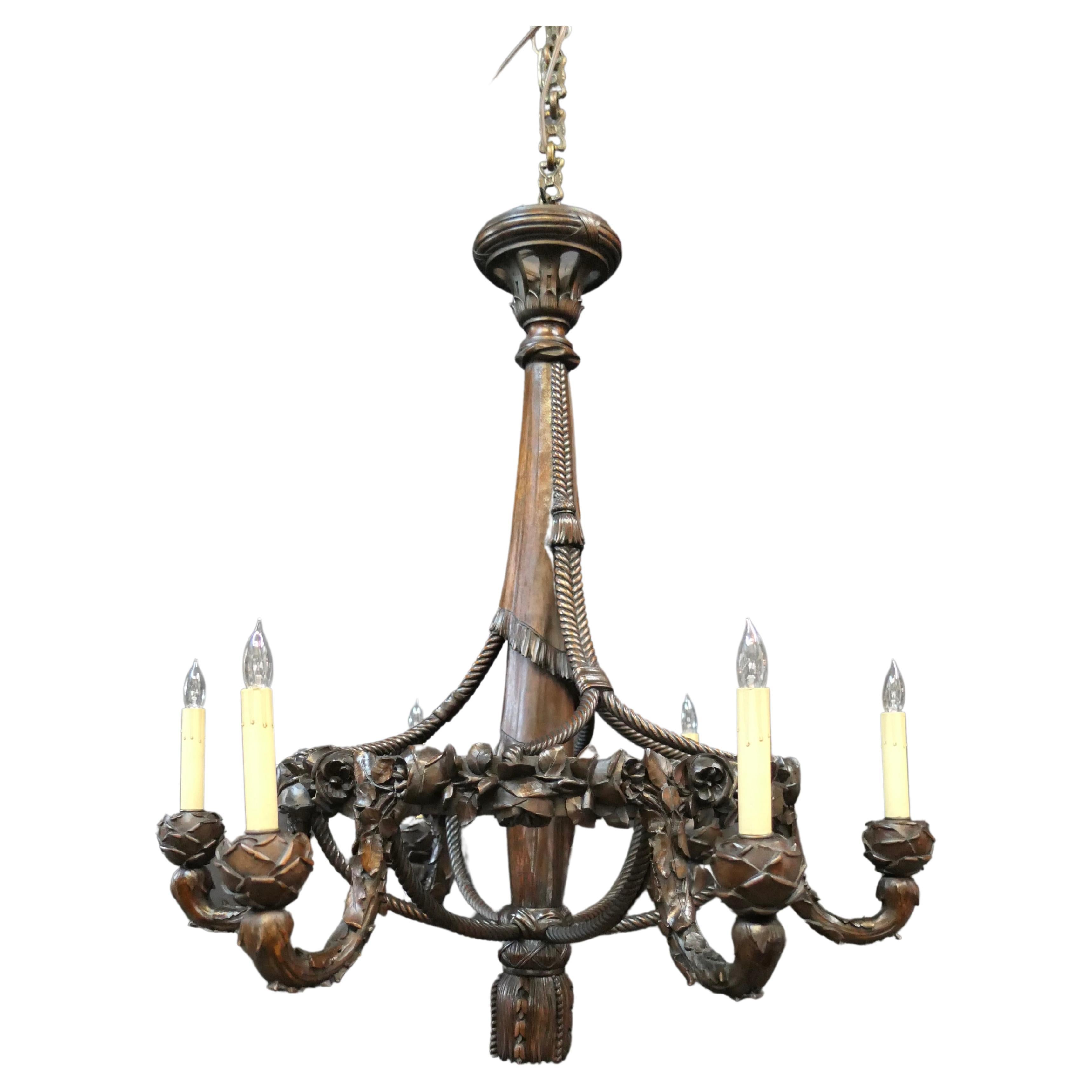 French Hand Carved Mahogany Chandelier