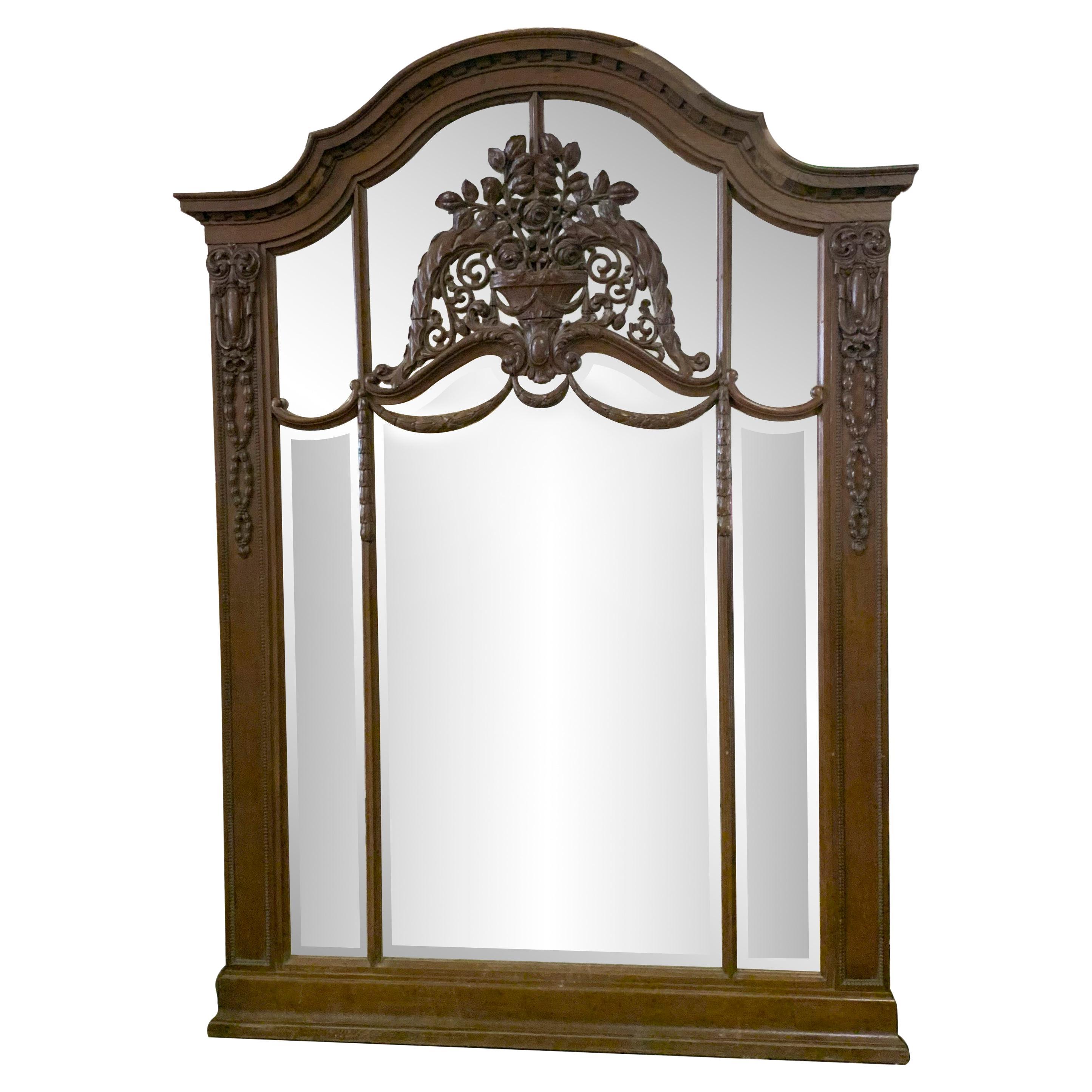 French Hand Carved Oak Mirror Floral Details Over Mantel or Wall Mount