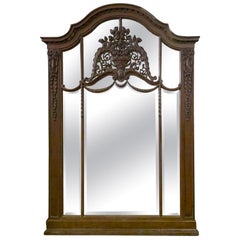 French Hand Carved Oak Mirror Floral Details Over Mantel or Wall Mount