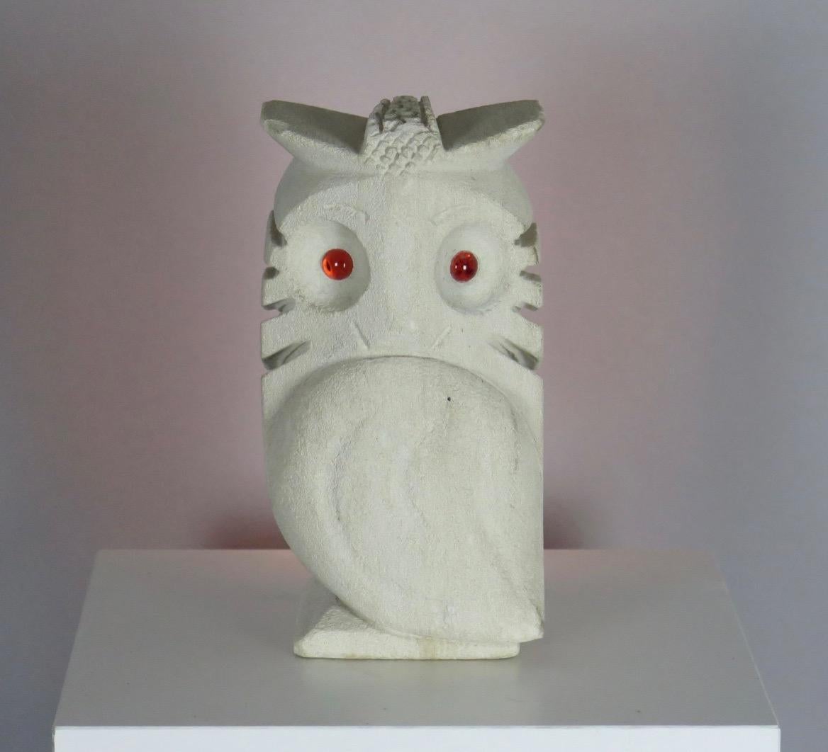 French Hand-Carved Owl Lamp with Glass Eyes. France, circa 1970.
