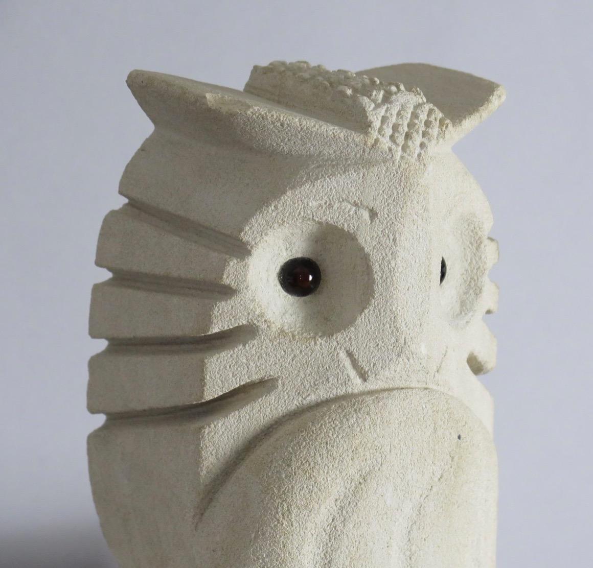 Stone French Hand-Carved Owl Lamp with Glass Eyes, France For Sale