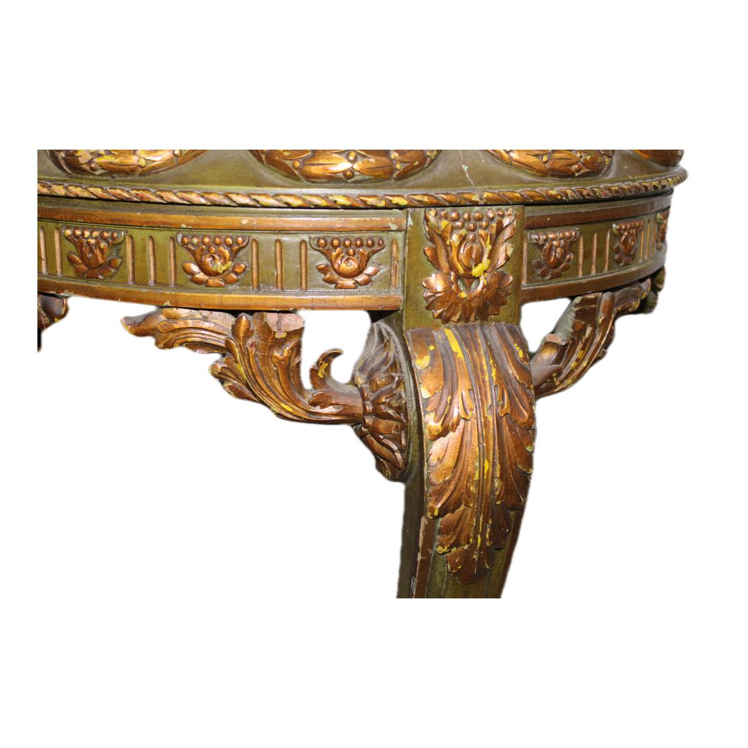 C. 20th century

French hand carved & painted side table w/ marble top, Gilded Garland Accents & Cabriole legs.