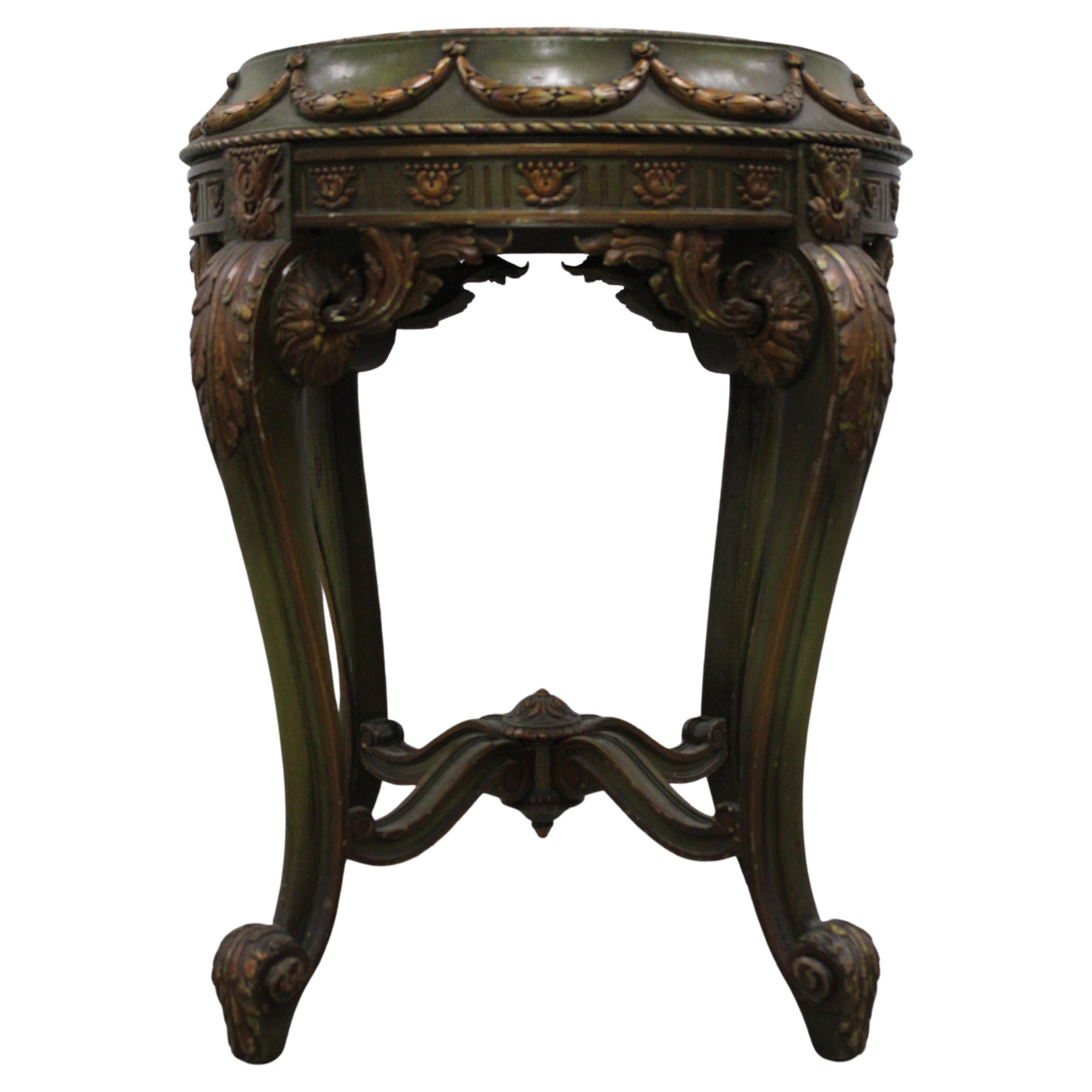French Hand Carved & Painted Side Table w/ Marble Top